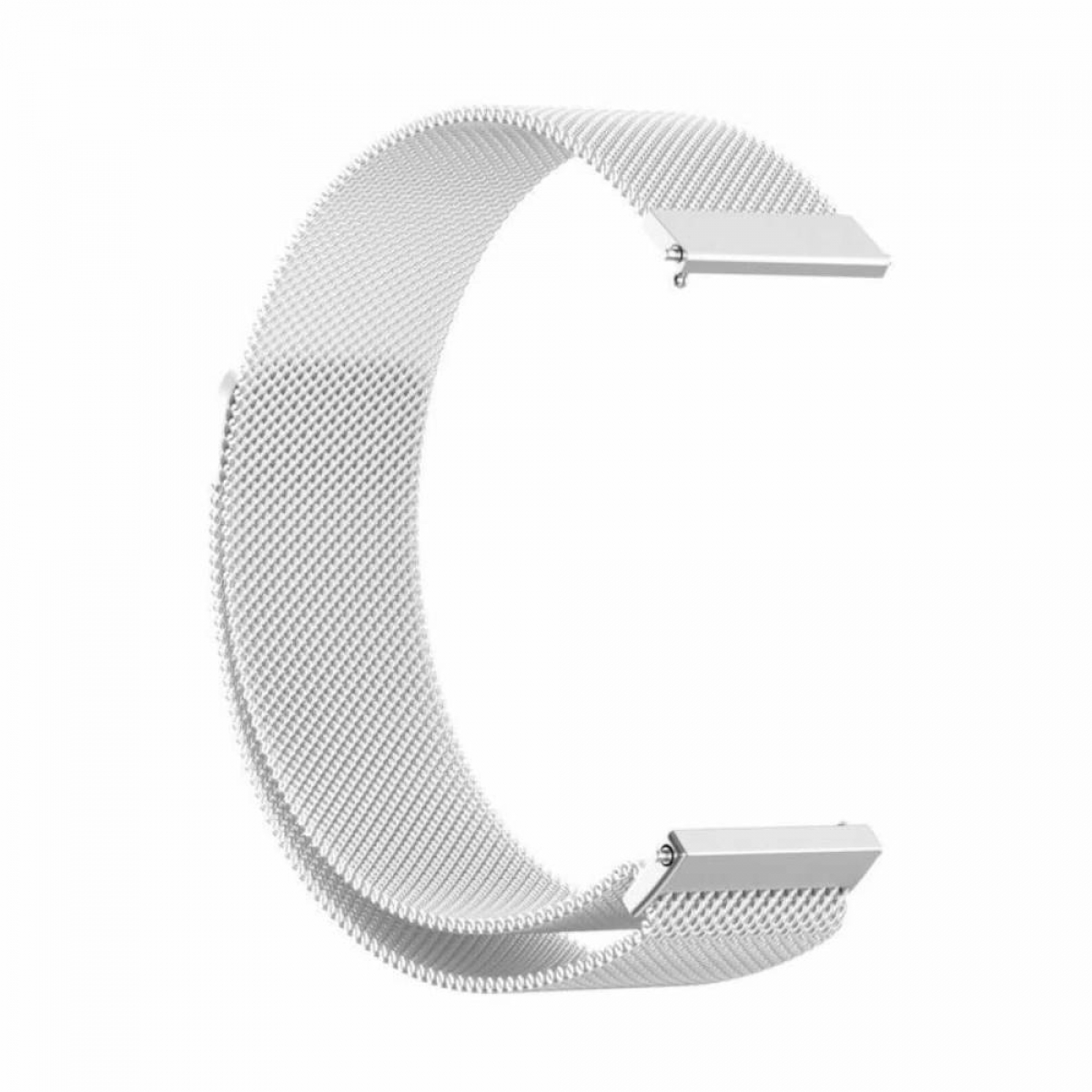 Ein silbernes Edelstahl-Mesh-Uhrenarmband in Form eines 'C' auf weißem Hintergrund.