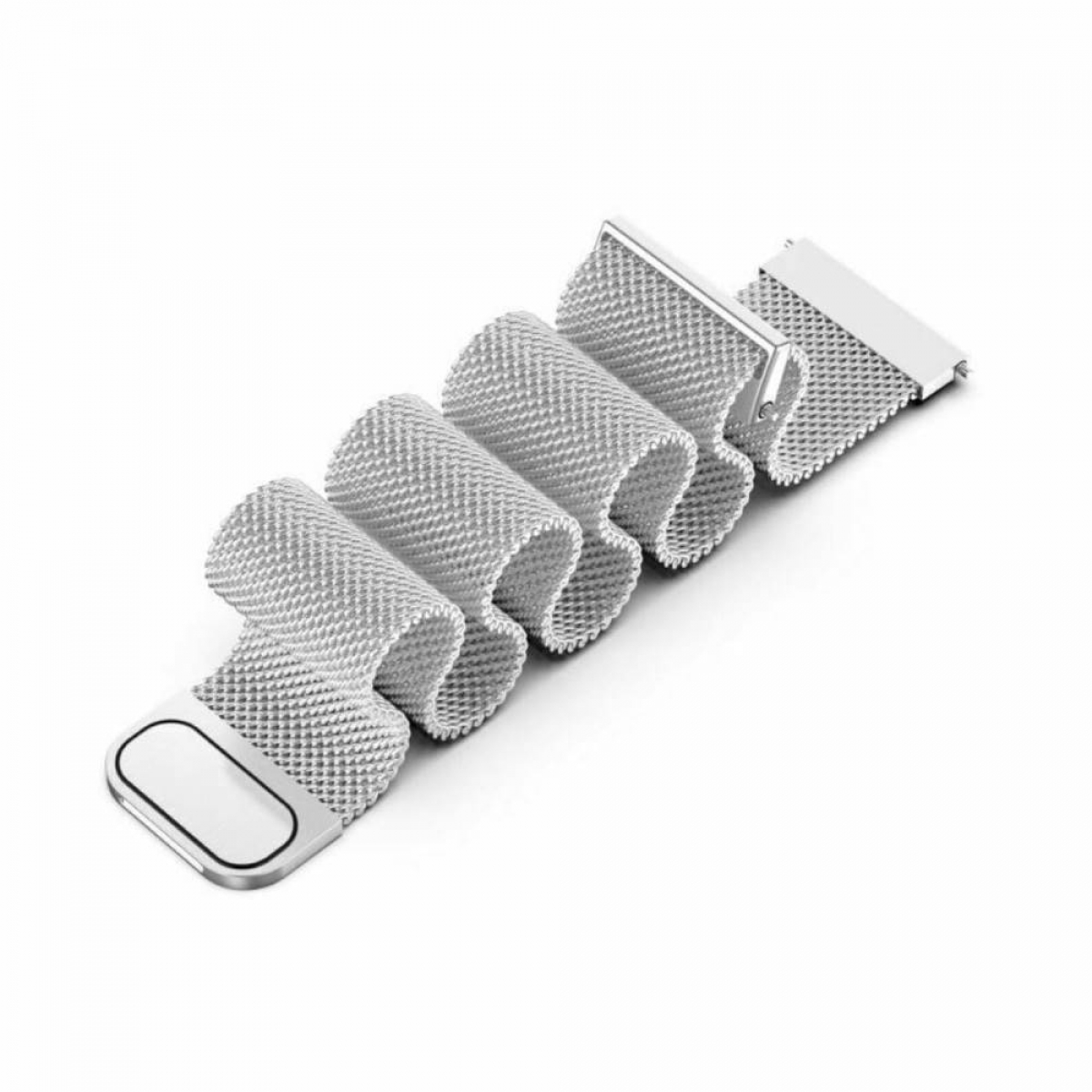 Ein silbernes Uhrenarmband, Mesh-Stil, mit silbernem Verschluss.