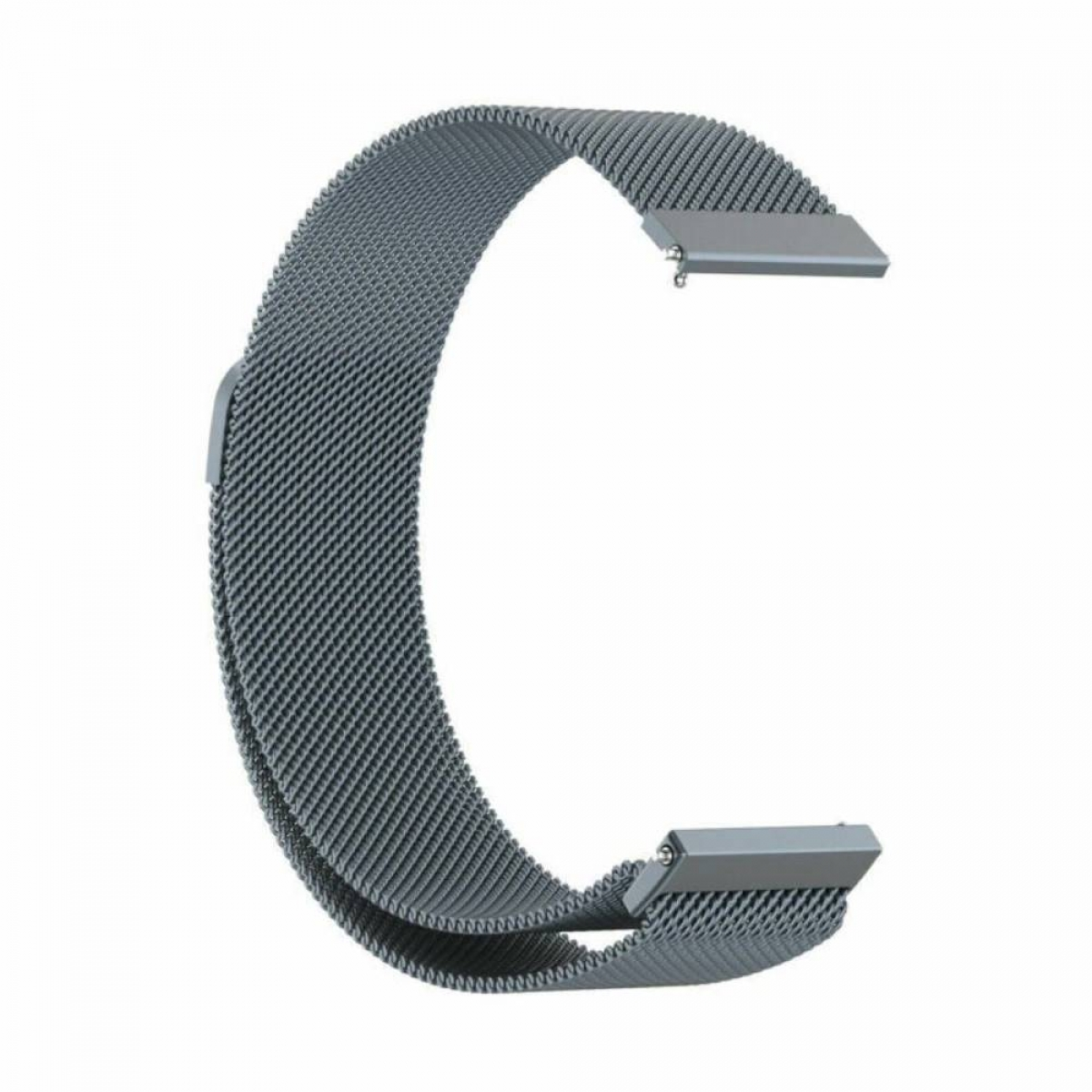 Ein metallisch-graues Uhrenarmband in C-Form. Es besteht aus Mesh.