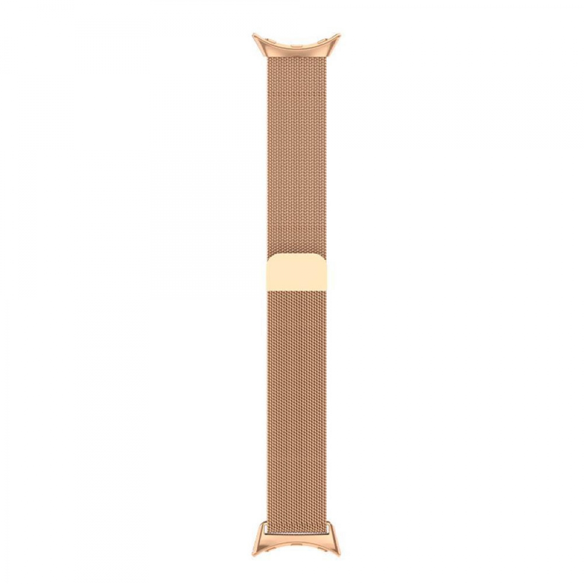 Roségoldfarbenes Uhrenarmband. Ein Metallgeflechtarmband mit goldenem Verschluss. Auf weißem Hintergrund.