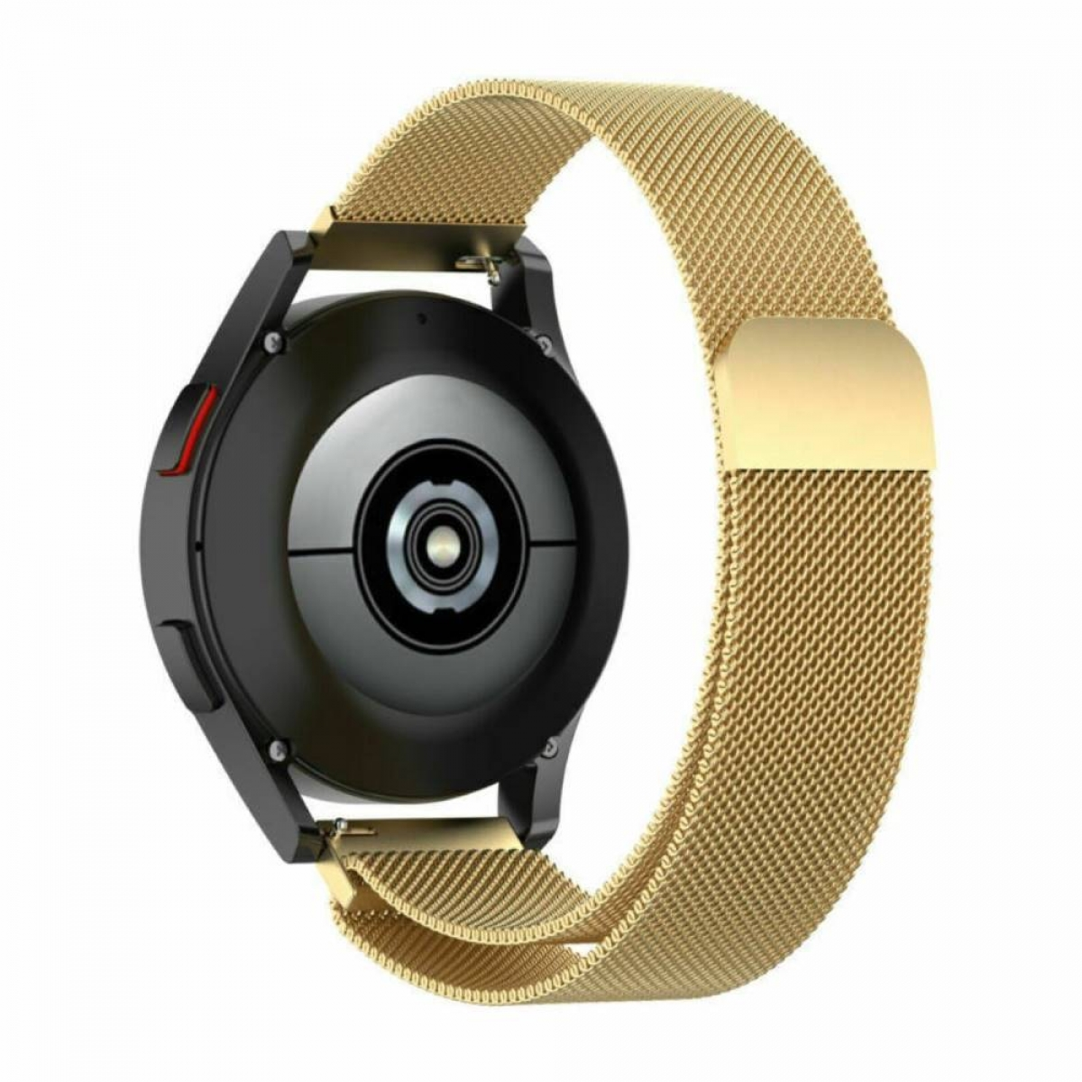 Eine Smartwatch mit schwarzem Gehäuse und einem goldenen Mesh-Armband. Die Uhr wird von hinten gezeigt.