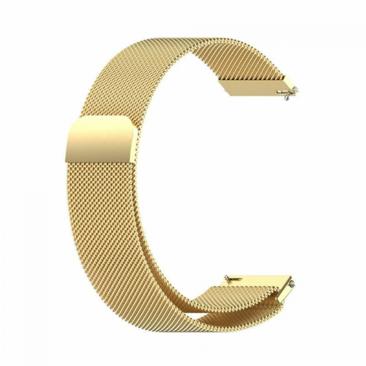 Goldenes Uhrenarmband. Goldfarbenes Mesh-Band auf weißem Hintergrund. Sichtbare gekrümmte Kanten.