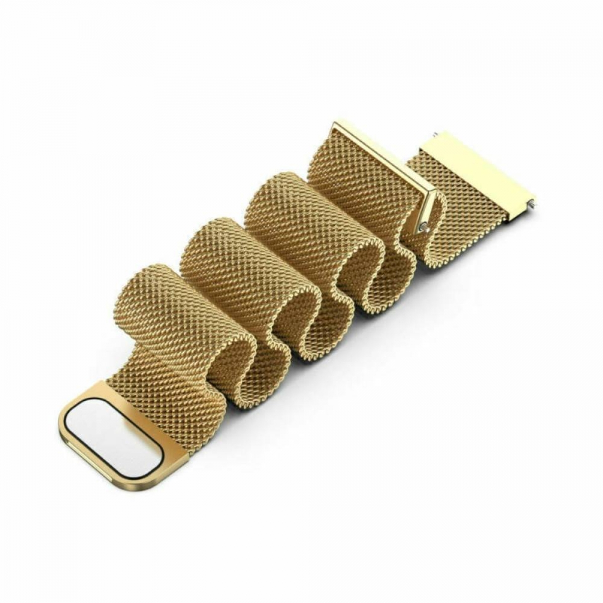 Goldenes Uhrenarmband, zusammengefaltet. Weißer Hintergrund.