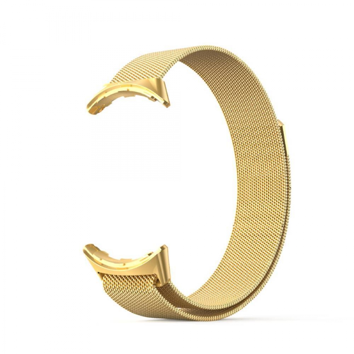 Goldenes Uhrenarmband, Metallgewebe. Weißer Hintergrund.