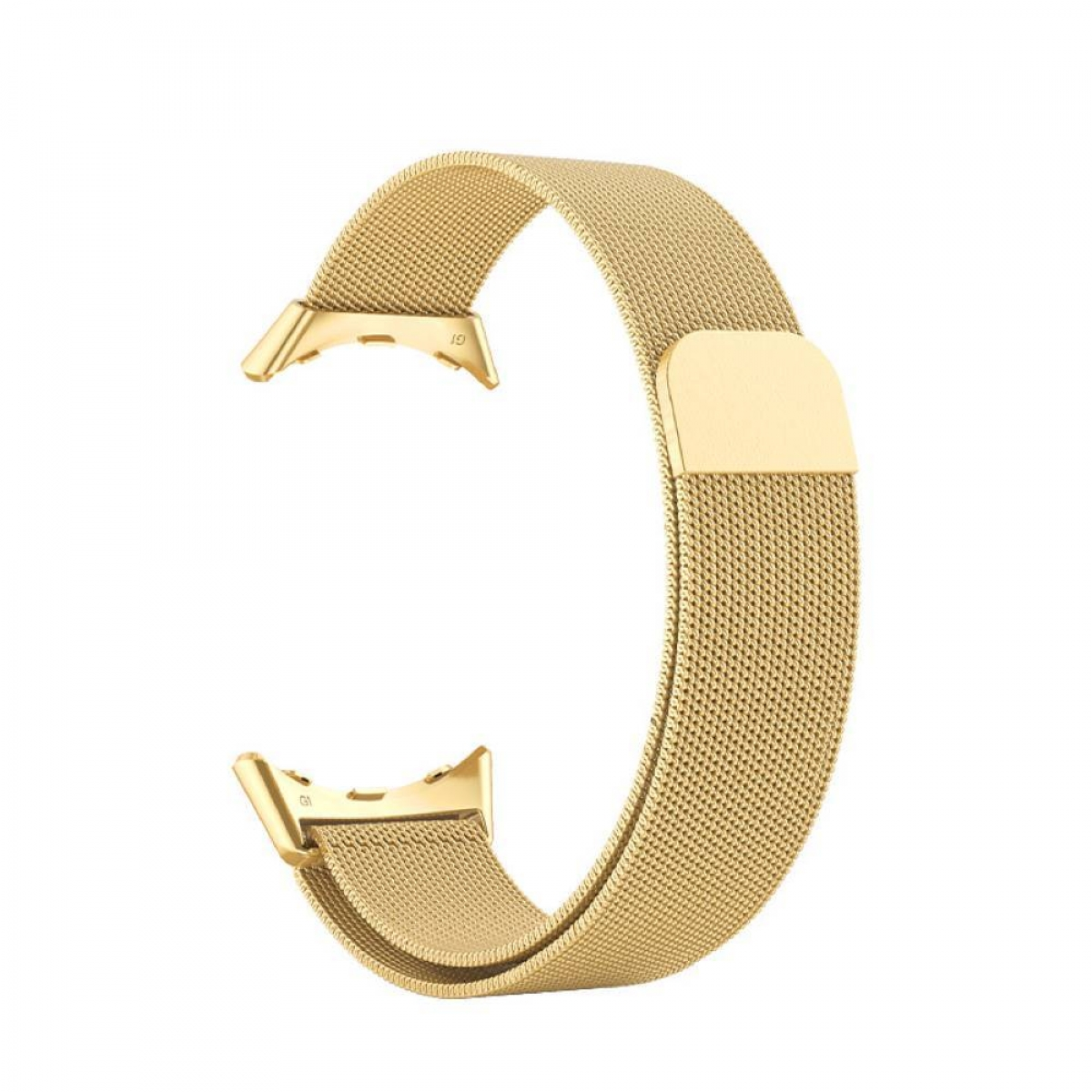Goldenes Mesh-Uhrenarmband auf weißem Hintergrund.