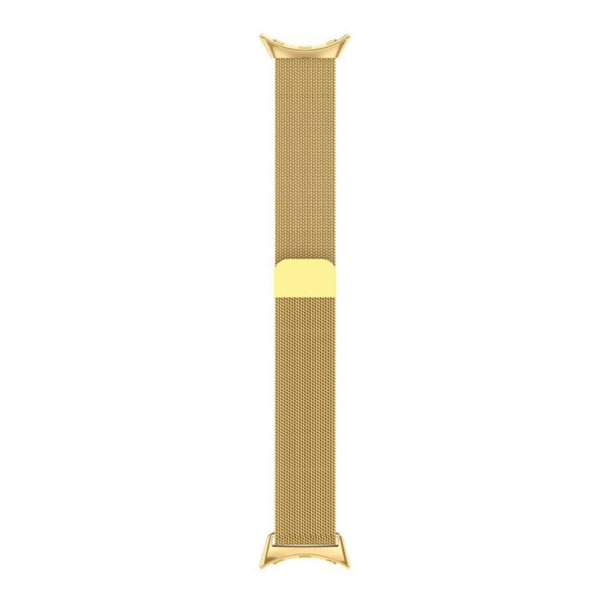Ein goldenes Uhrenarmband. Das Armband besteht aus einem Mesh-Design mit goldenen Steckern.