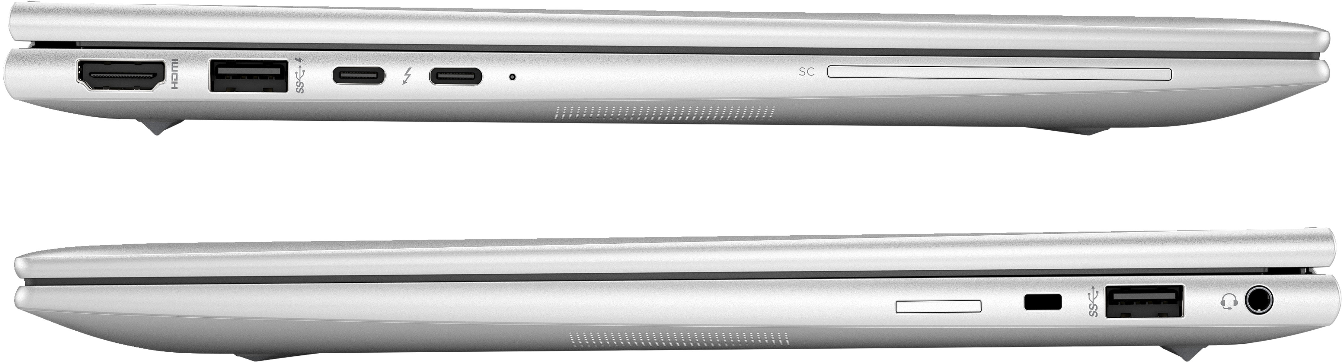 Seitenansicht eines silbernen Laptops, der Anschlüsse und Lüfter zeigt.
