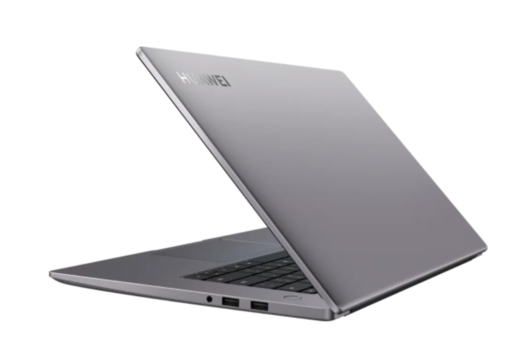 Grauer Huawei-Laptop offen, Tastatur und Rückseite zeigend.