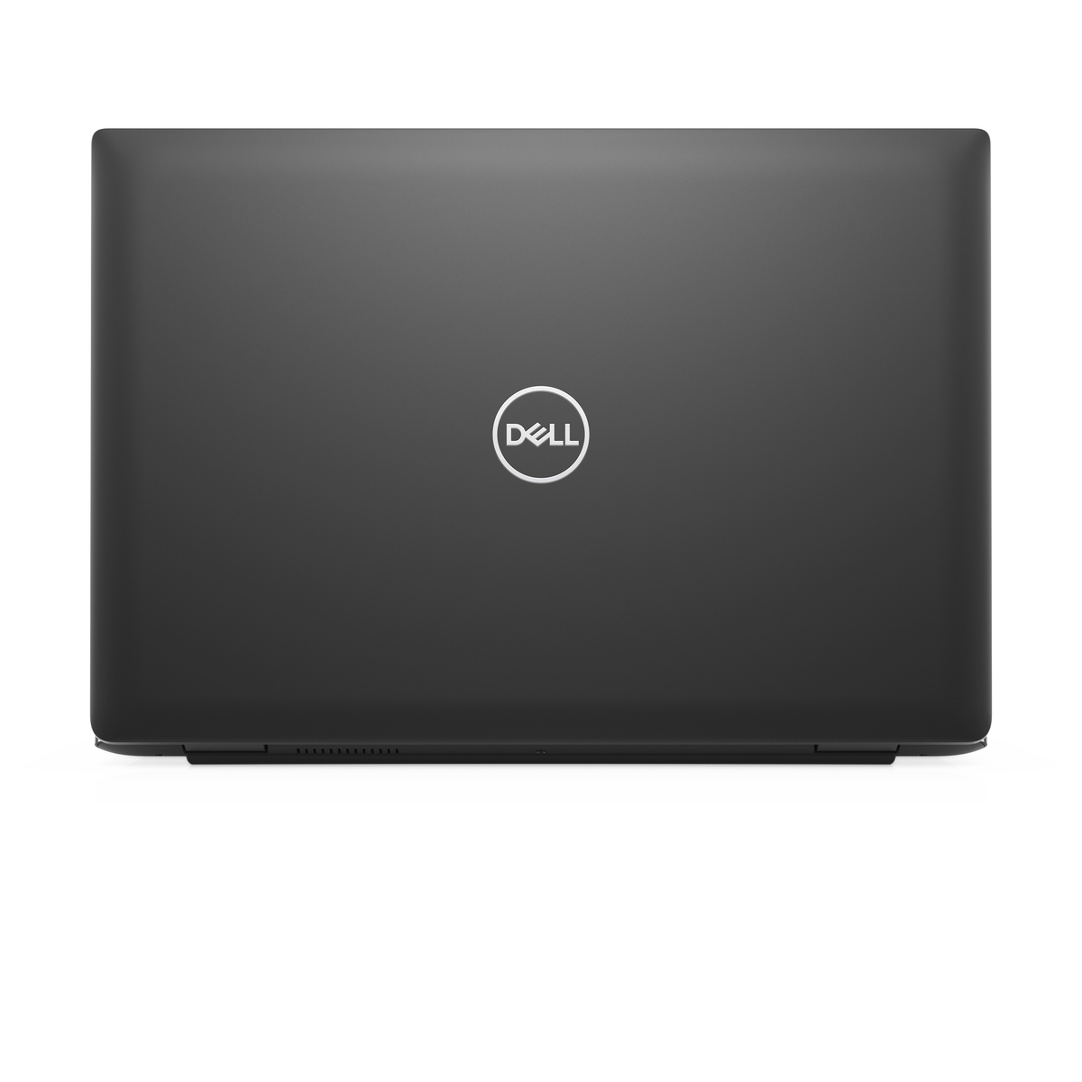Un portátil Dell negro, cerrado, con el logotipo blanco de Dell en el centro, sobre un fondo blanco.