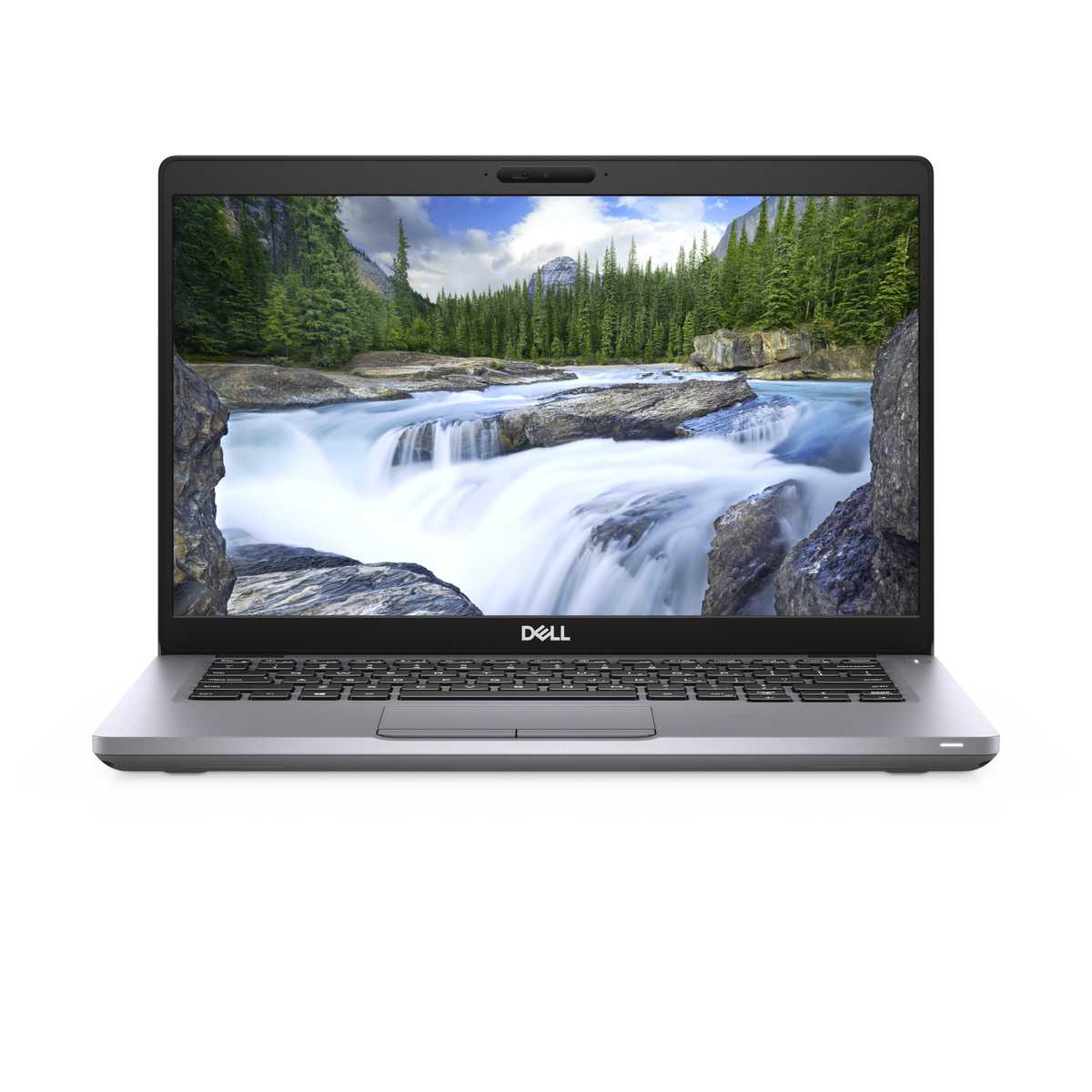 A silver laptop with a screen displaying a waterfall scene, against a white background.