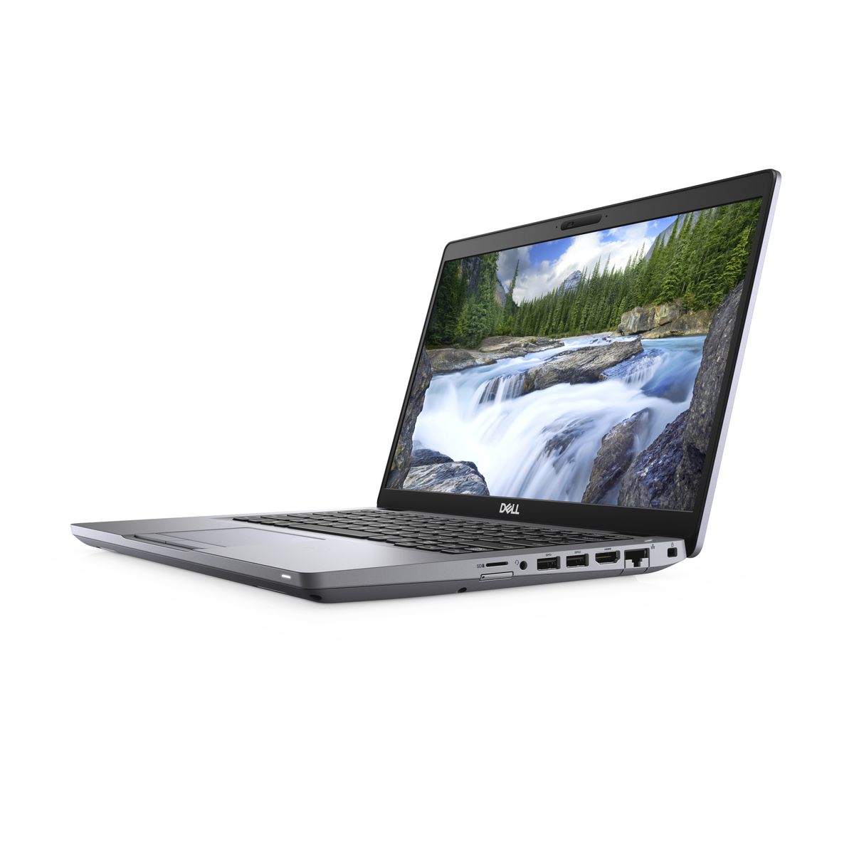 A silver laptop with the screen open, displaying a landscape image. The laptop is angled.