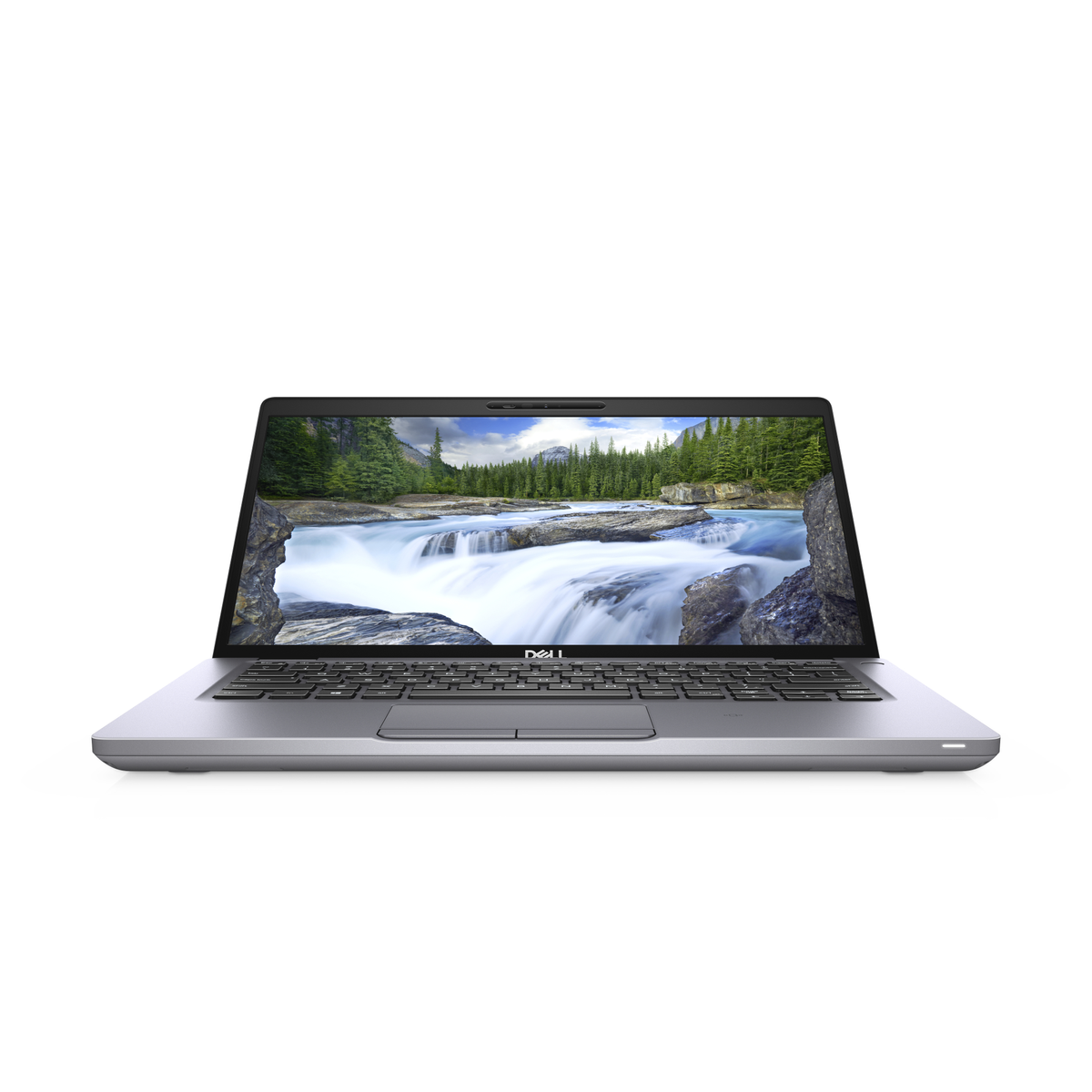 A silver laptop is on a white background, the screen displays a scenic landscape.