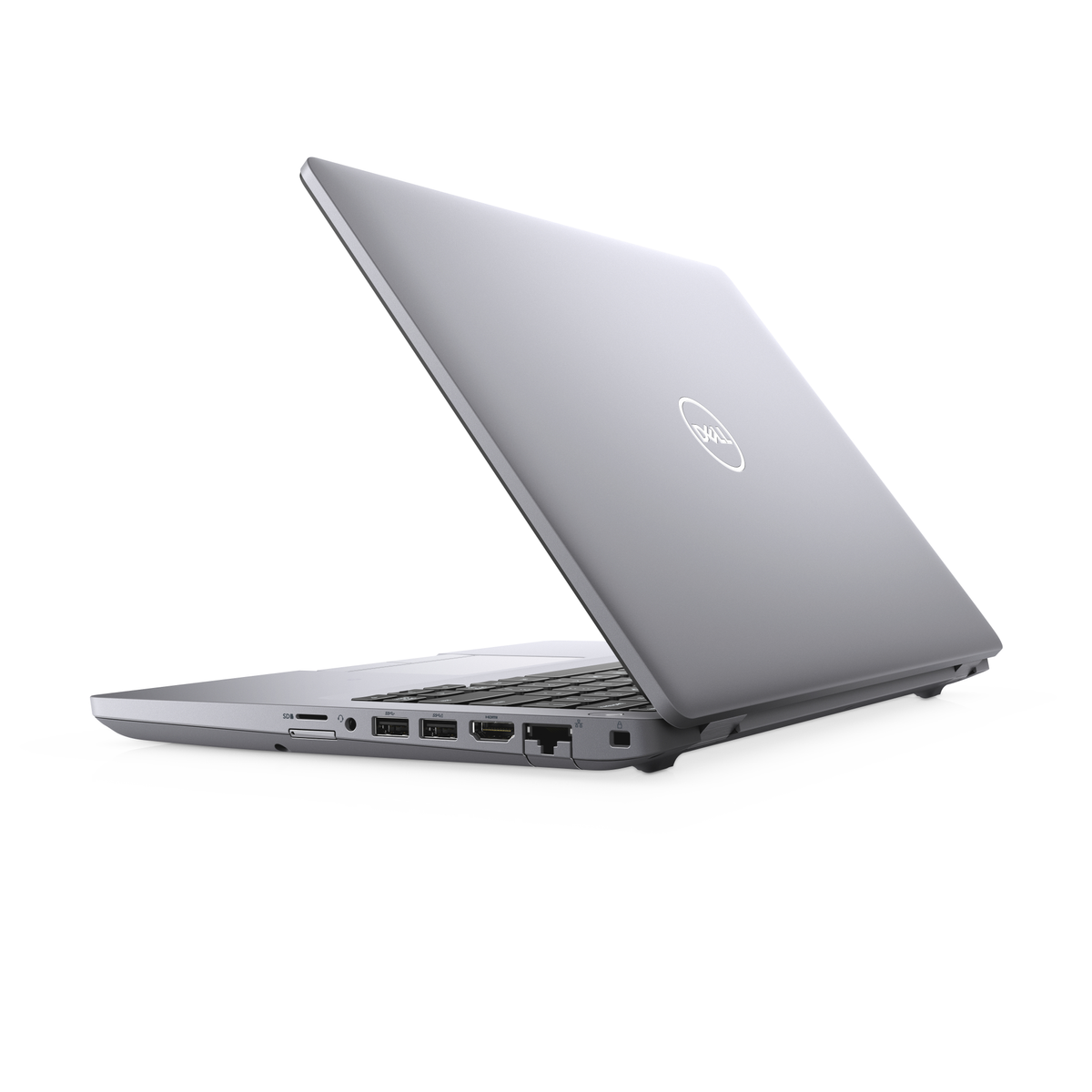 A gray laptop, partially open, showing the Dell logo on the lid. Ports are visible on the side.