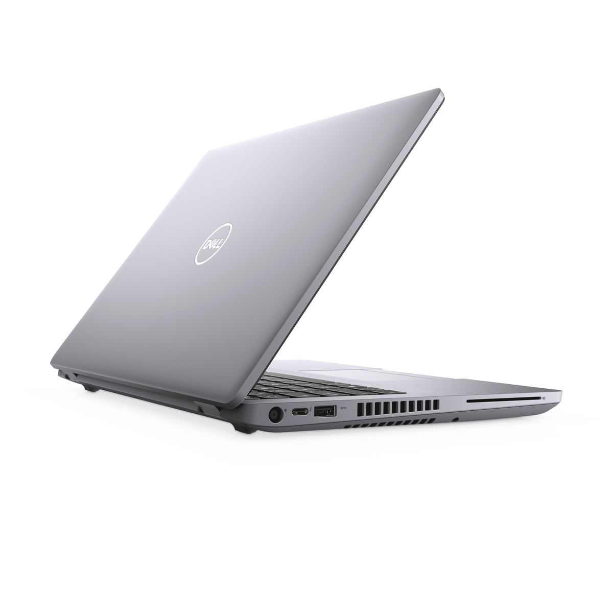 Silver laptop, partially open, on a white background.