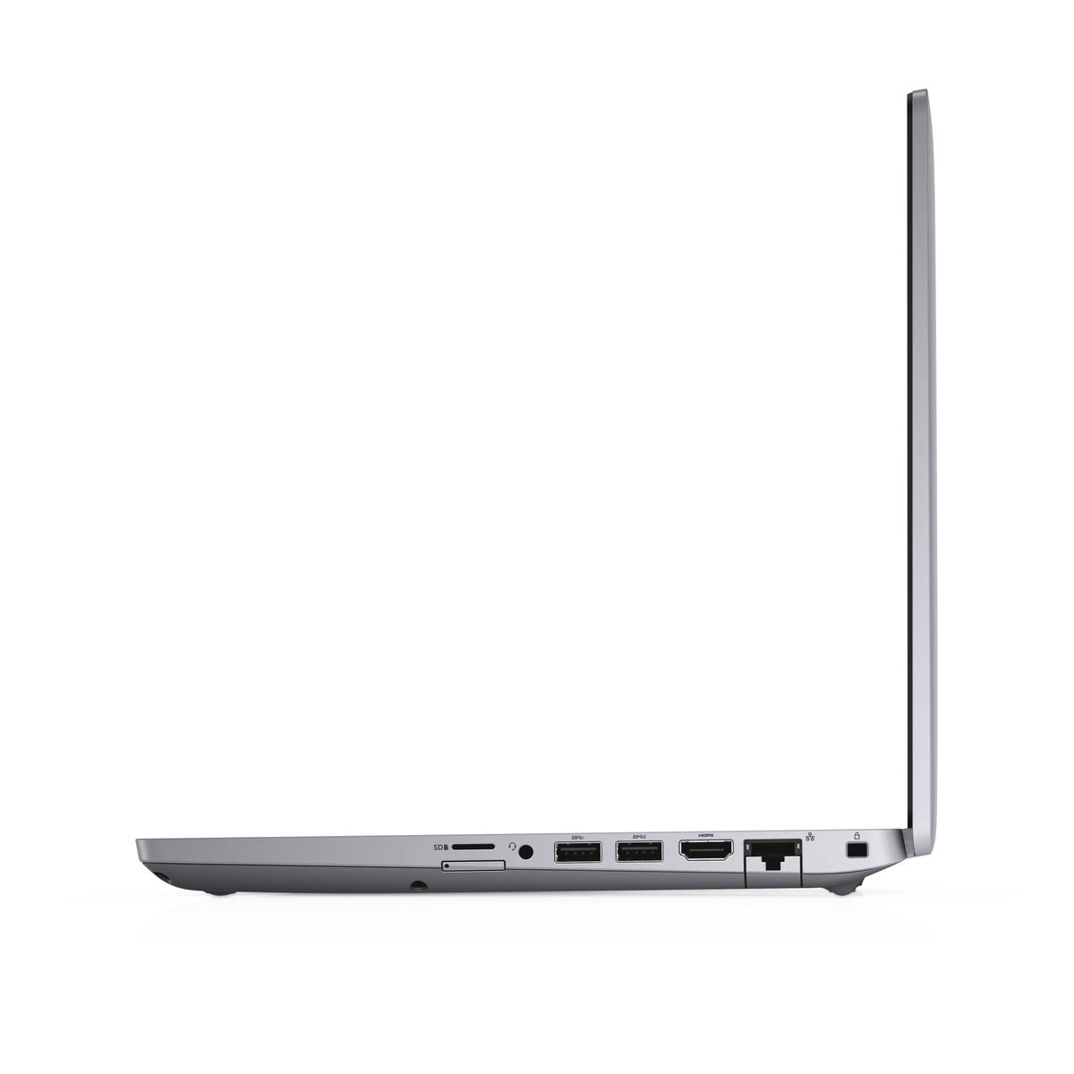 Side view of a silver laptop. Ports and vents are visible. White background.