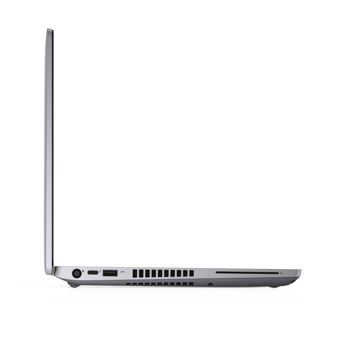 Side view of a laptop, silver and gray, ports visible.