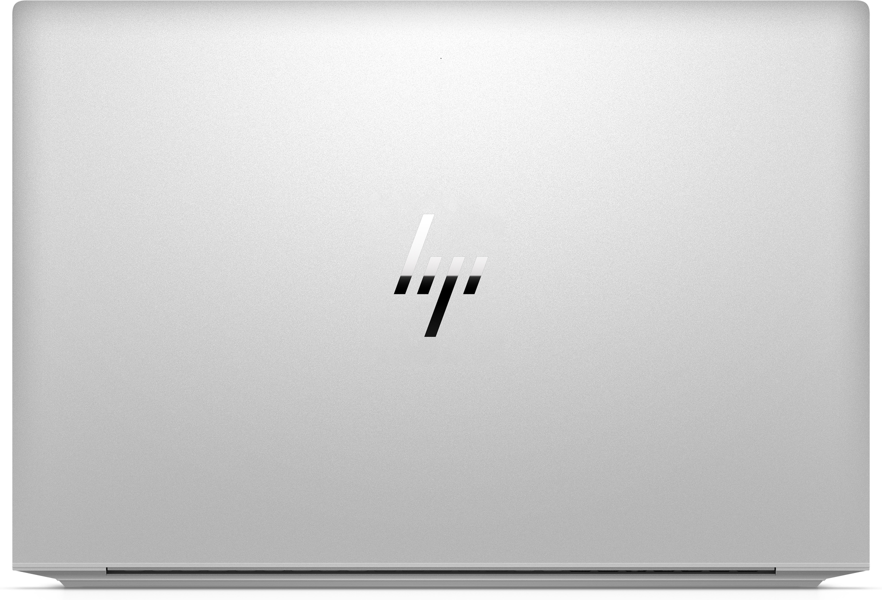 Geschlossener silberner Laptop mit HP-Logo auf weißem Grund.