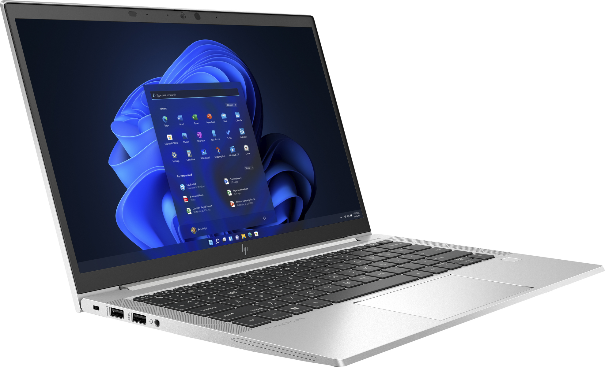 Silberner Laptop, Seitenansicht. Bildschirm offen, Windows-Desktop. Weißer Hintergrund.