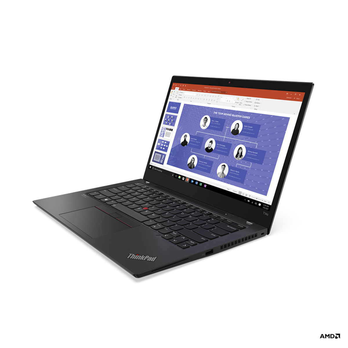 Schwarzes Lenovo ThinkPad-Laptop, geöffnet, mit Präsentation auf dem Bildschirm, weißer Hintergrund.