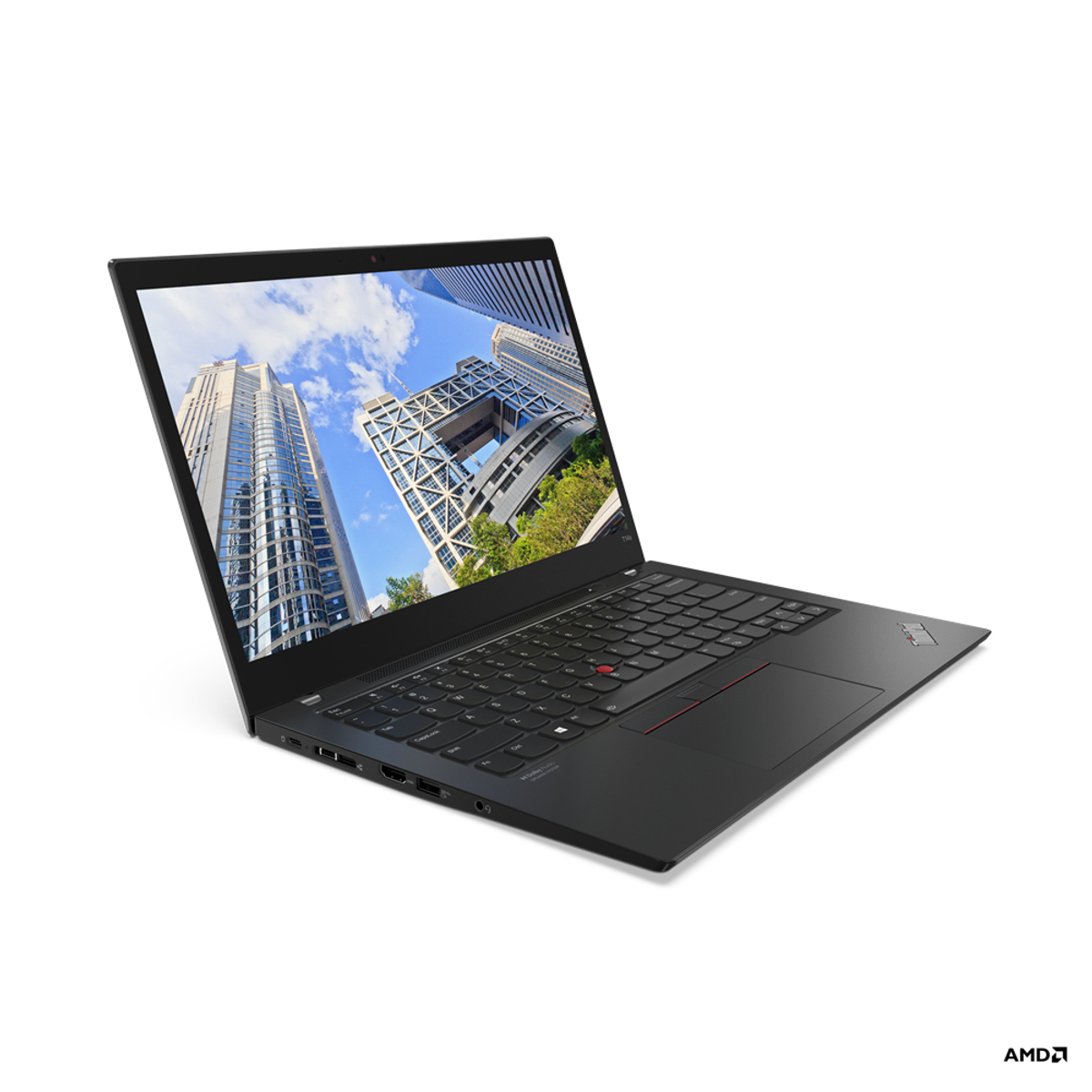 Schwarzer Laptop geöffnet. Bildschirm zeigt Gebäude. Schwarze Tastatur. Weißer Hintergrund.