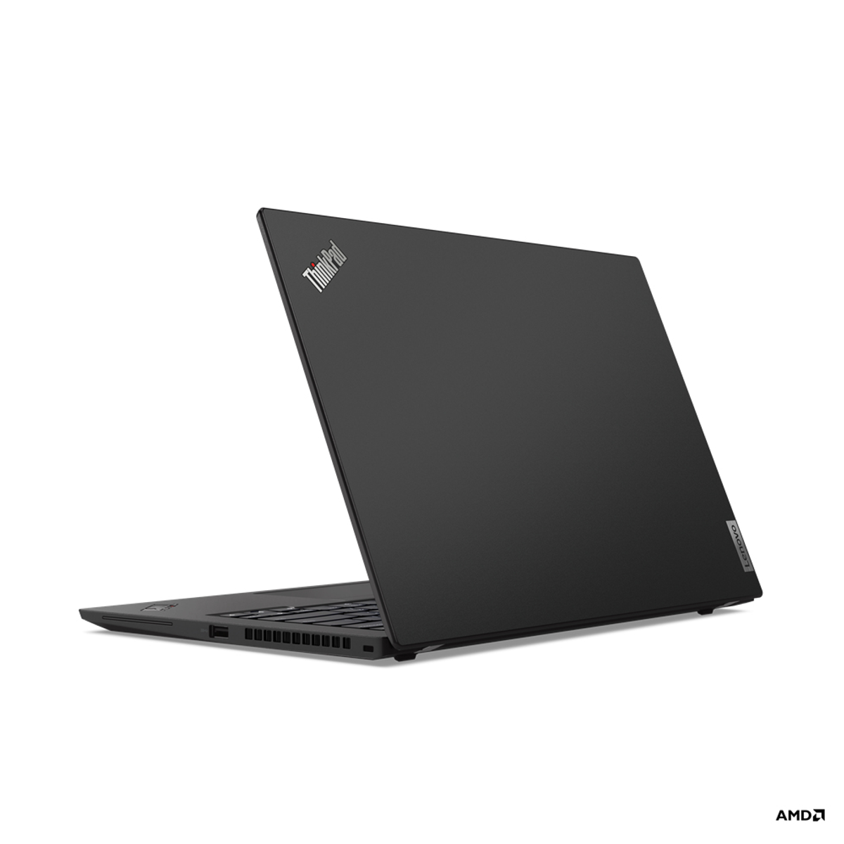 Die Rückseite eines geschlossenen, schwarzen Lenovo ThinkPad Laptops mit ThinkPad- und Lenovo-Logos.