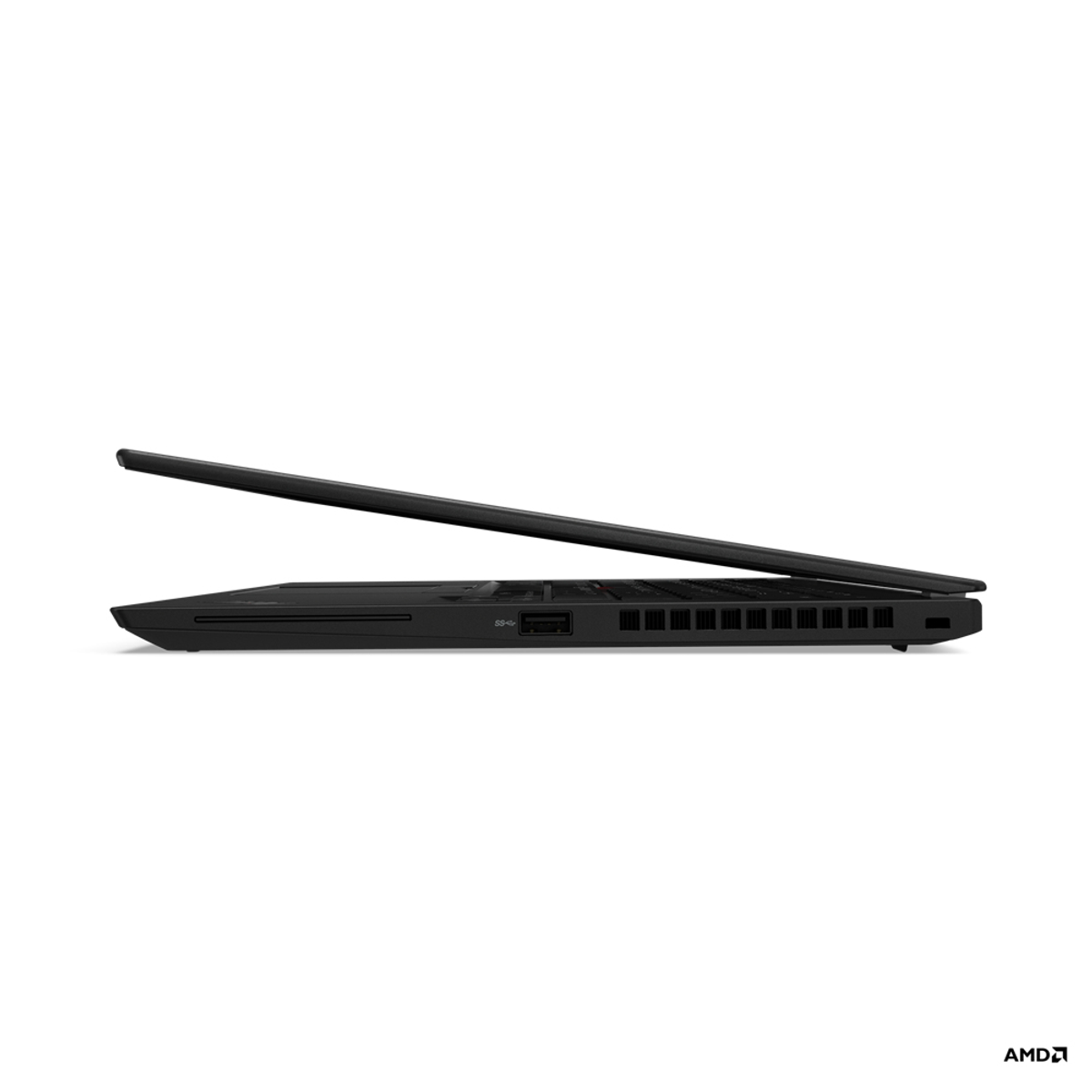 Seitenansicht eines schwarzen Laptops. Zeigt Anschlüsse und einen teilweise geöffneten Deckel.