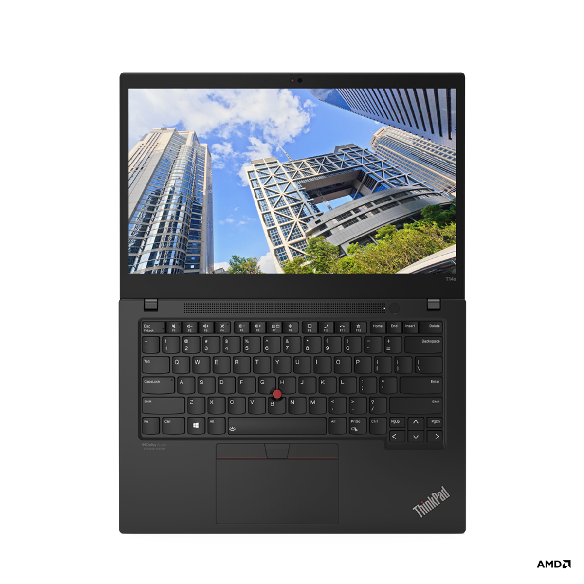 Schwarzes Thinkpad-Laptop geöffnet, Tastatur und Bildschirm mit Stadtgebäuden zeigend.