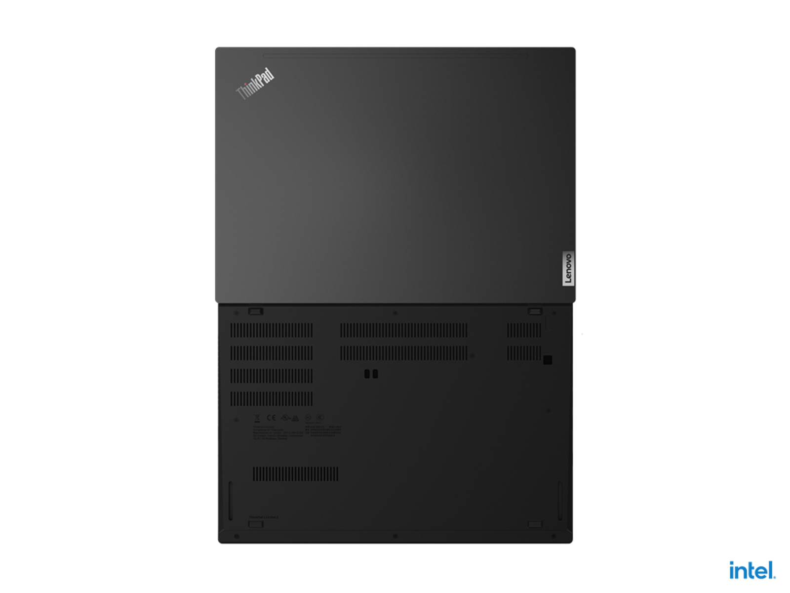 Un portátil negro, vista superior, mostrando la tapa y la base con los logotipos de Lenovo e Intel.