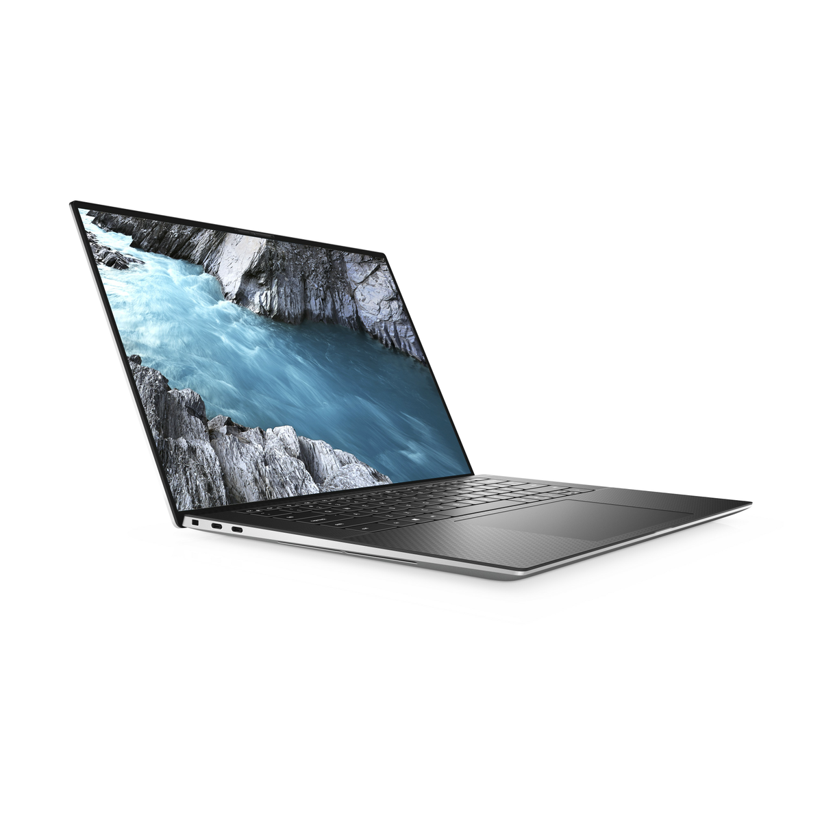 Laptop mit geöffnetem Bildschirm, der eine Flussszene zeigt. Dunkler Rahmen und Tastatur sichtbar. Weißer Hintergrund.