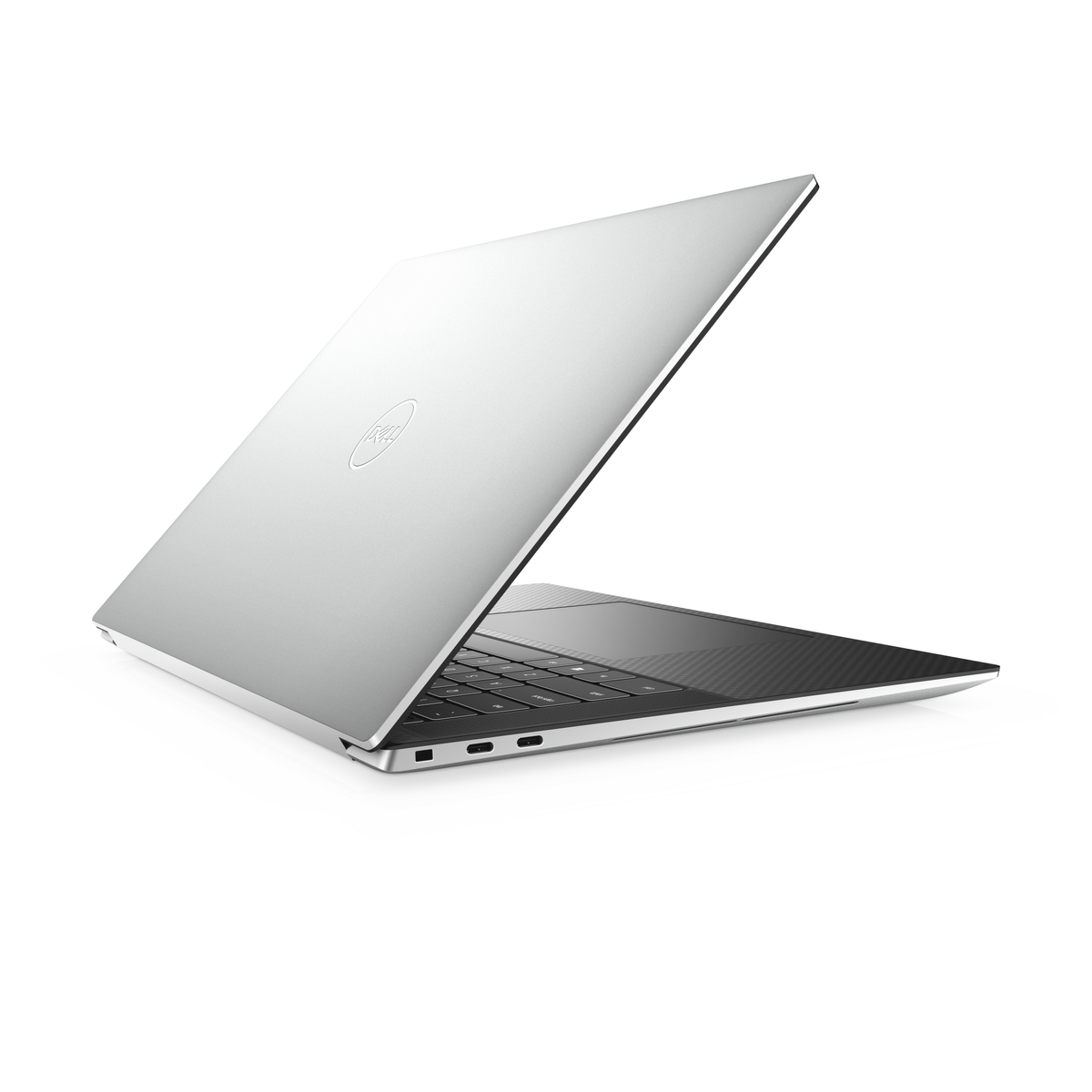 Silberner Laptop auf Weiß. Display geöffnet, Tastatur und Trackpad zeigend, mit weißem Hintergrund.