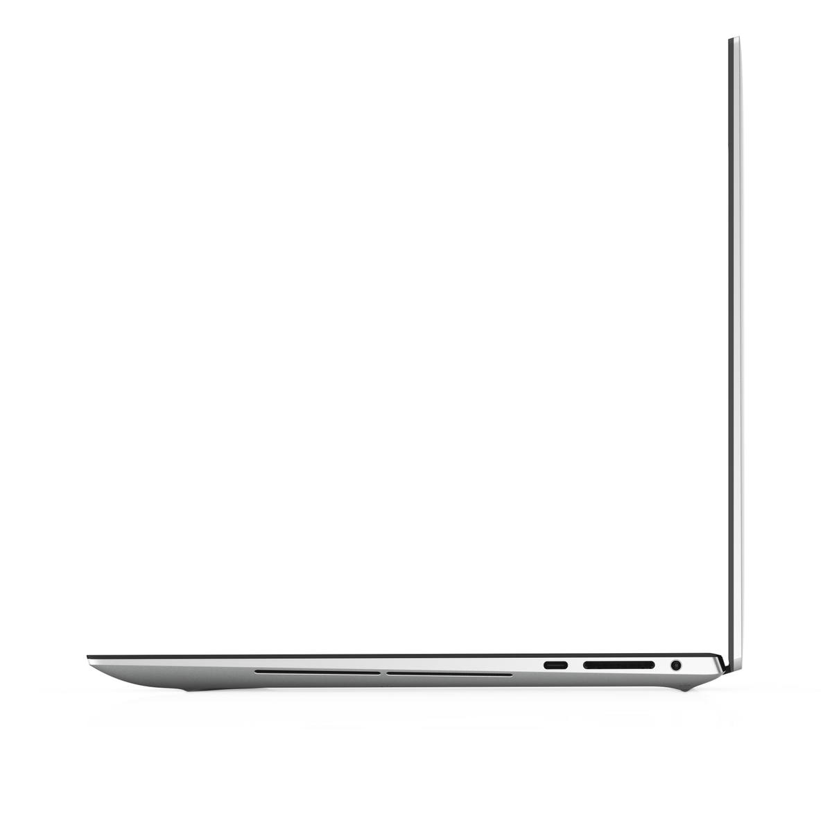 Eine Seitenansicht eines silbernen Laptops, die den Rand mit Anschlüssen und den geschlossenen Bildschirm zeigt.