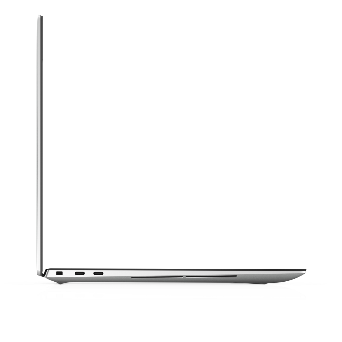 Laptop-Profilansicht. Silbernes Gehäuse mit schwarzem Bildschirm.