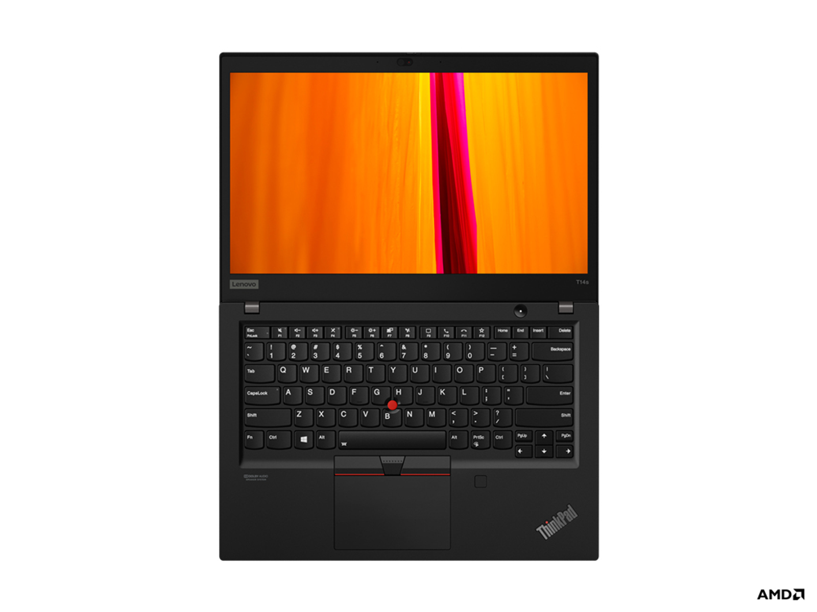 Schwarzer ThinkPad-Laptop, Draufsicht. Tastatur, Trackpad und Display mit farbenfrohem Hintergrund.