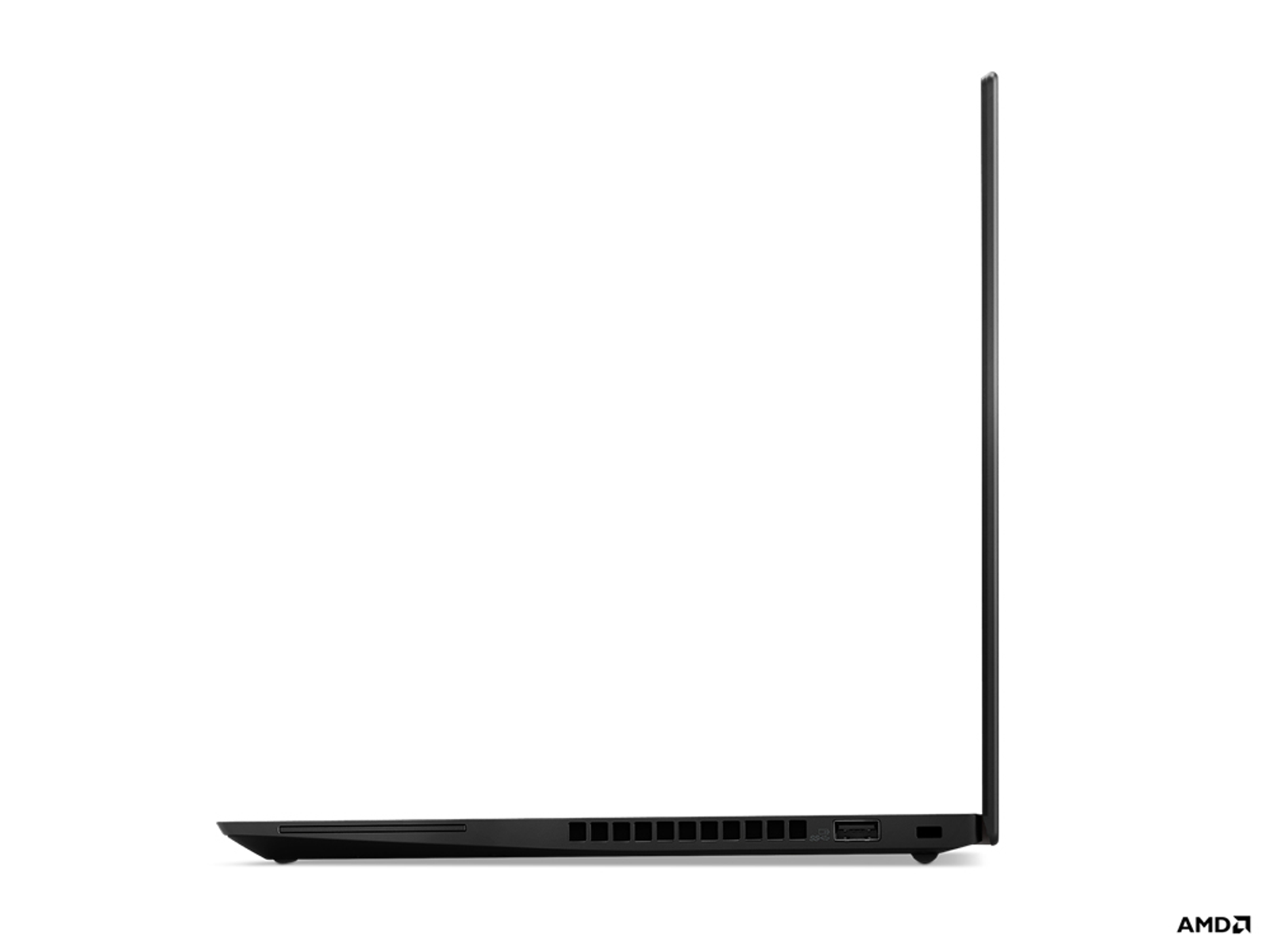 Ein schwarzer Laptop-Computer wird von der Seite gezeigt.