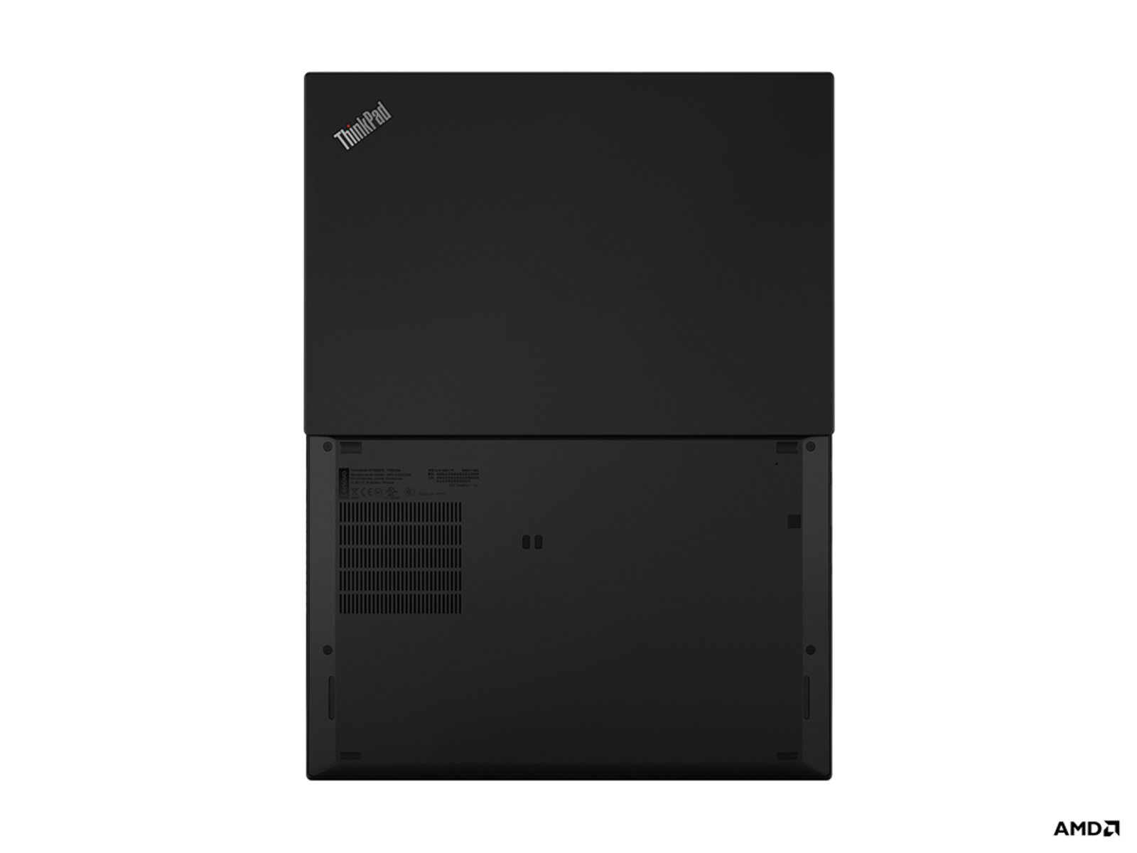 Schwarzer Laptop, Draufsicht, ThinkPad-Logo. Unterseite zeigt Lüfter, Anschlüsse und Aufkleber. Weißer Hintergrund.