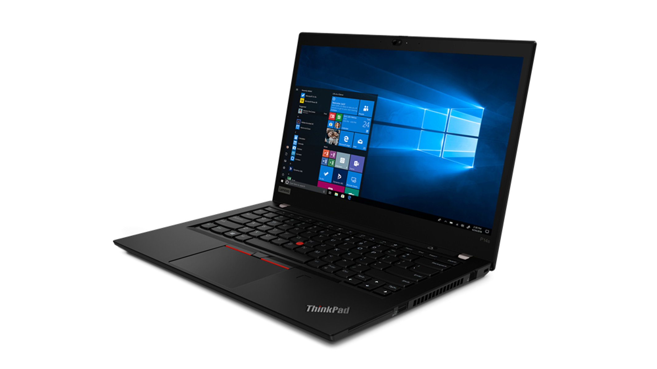 Black laptop showing Windows desktop. Features a keyboard, trackpad, and the ThinkPad logo.
