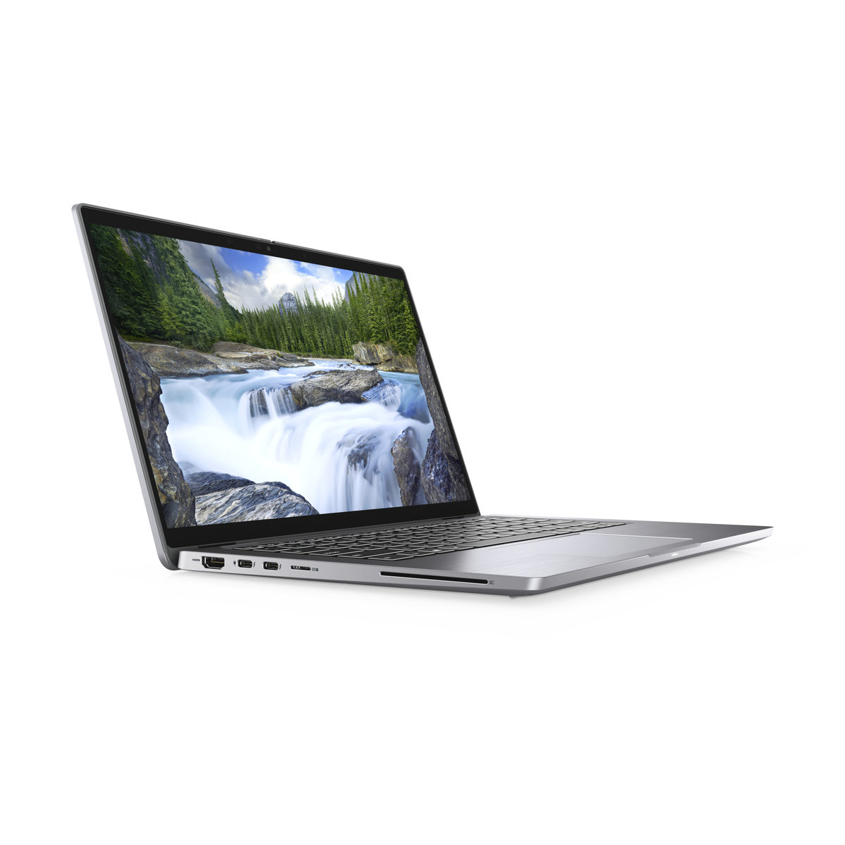 A silver laptop with a waterfall scene on the screen.