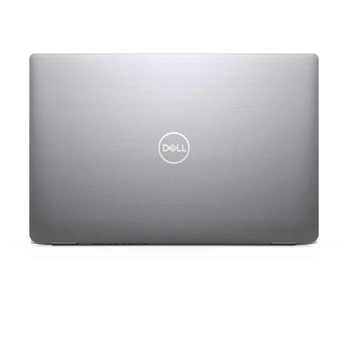 Dell laptop's back, silver, with Dell logo centered, simple and clean design.