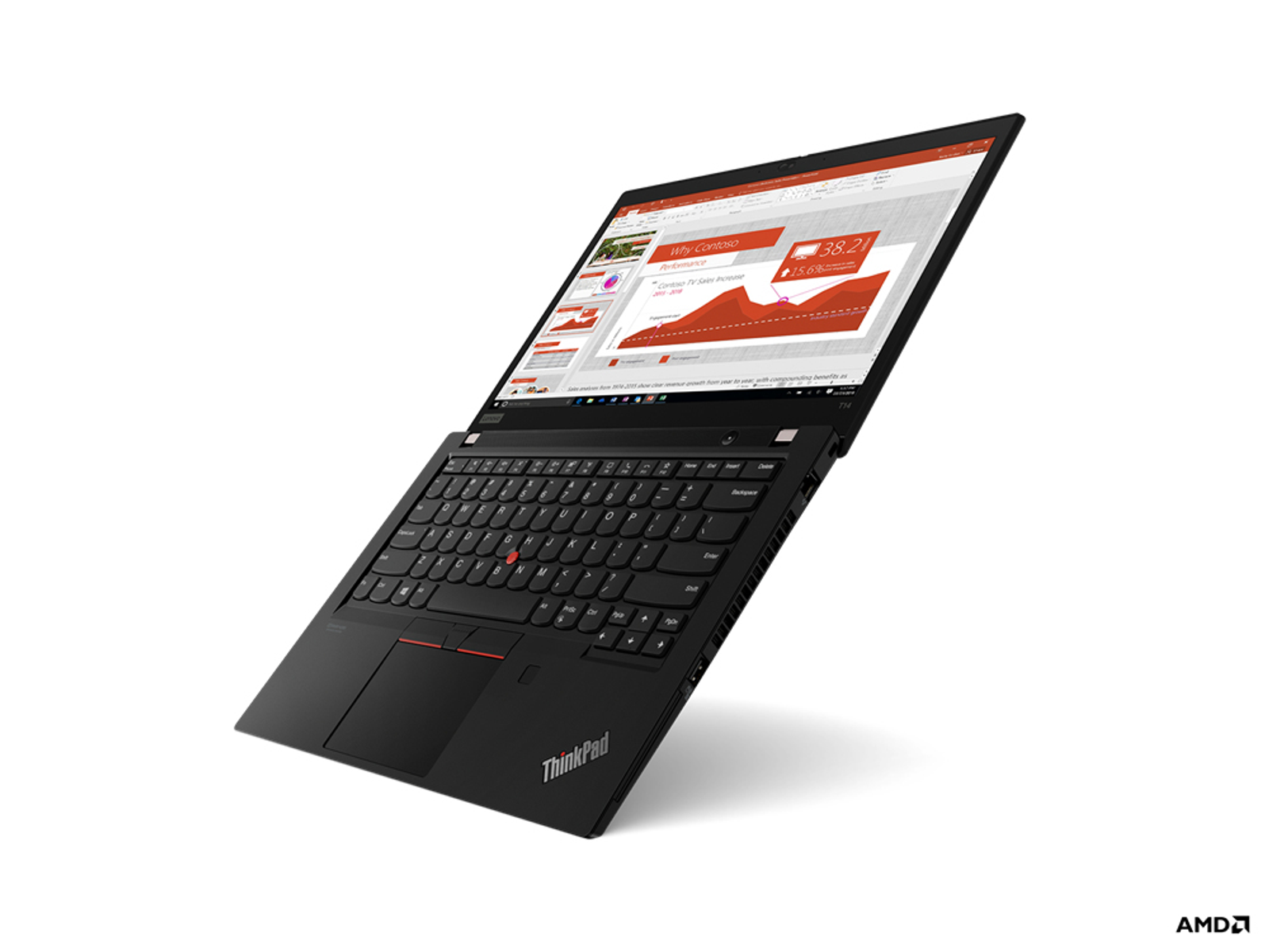 Schwarzes ThinkPad-Laptop, geöffnet, zeigt Präsentation mit Diagrammen. AMD-Logo sichtbar.