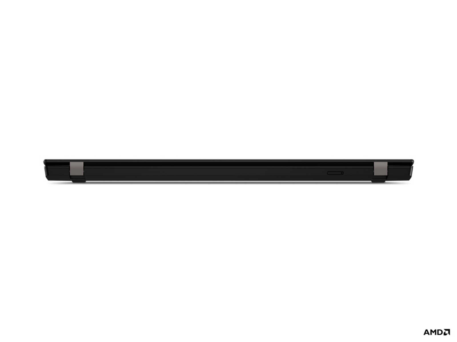 Ein schwarzes Lenovo-Laptop ist von der Seite zu sehen, wobei der Rand und die Unterseite gezeigt werden.