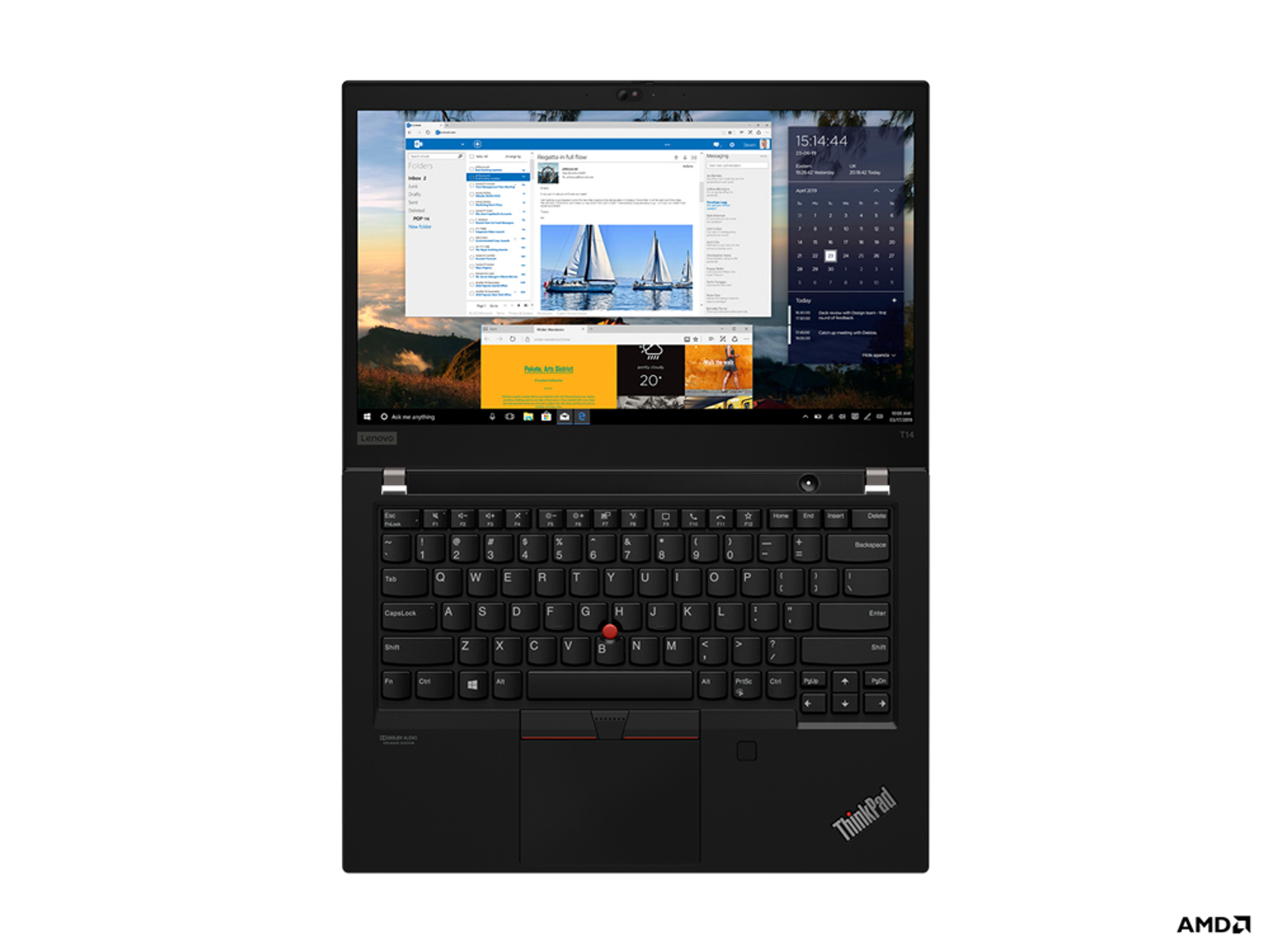 Laptop geöffnet, Draufsicht, auf weißem Hintergrund. Windows-Oberfläche wird angezeigt.