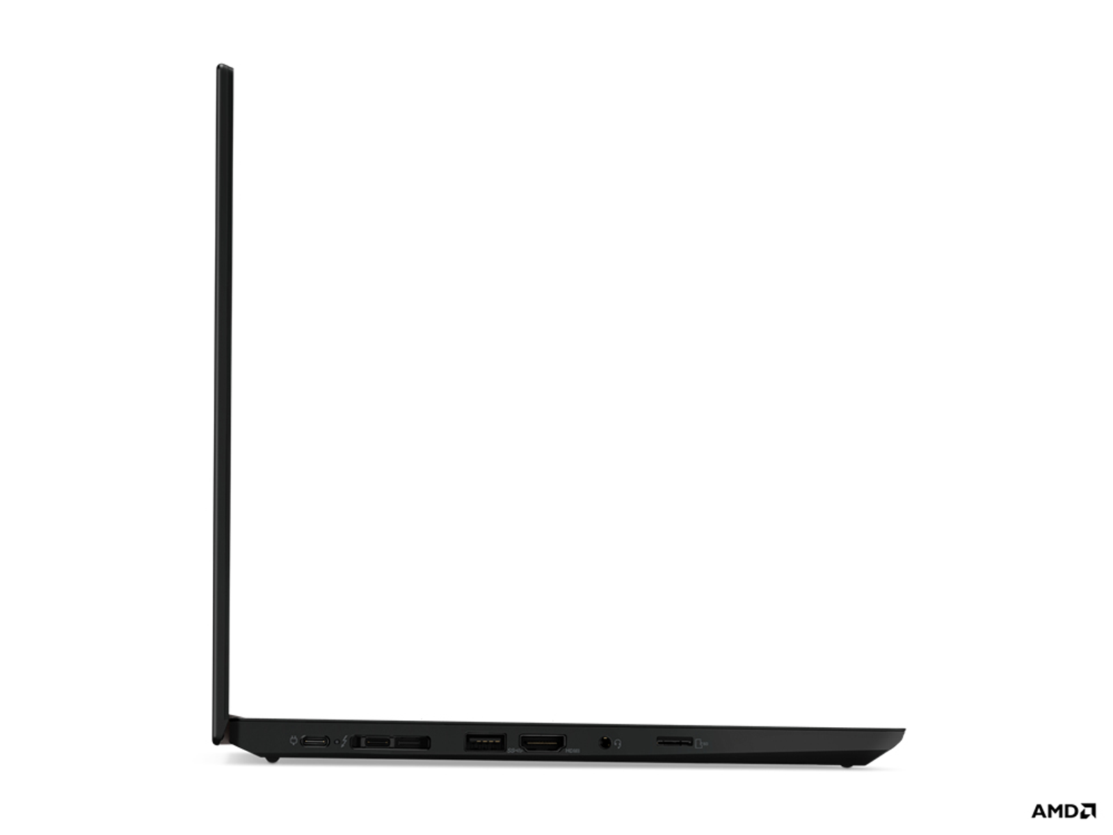 Seitenansicht eines schwarzen Laptops mit schlankem Design, vor weißem Hintergrund.