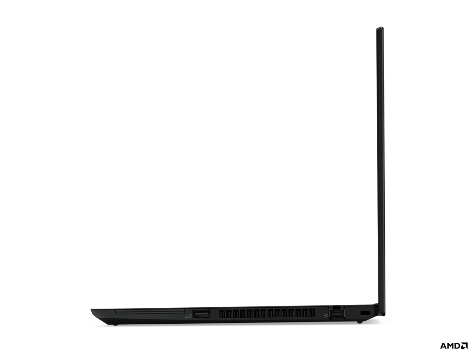 Schwarzer Laptop, Seitenansicht. Der Bildschirm ist geschlossen. AMD-Logo ist sichtbar. Hintergrund weiß.