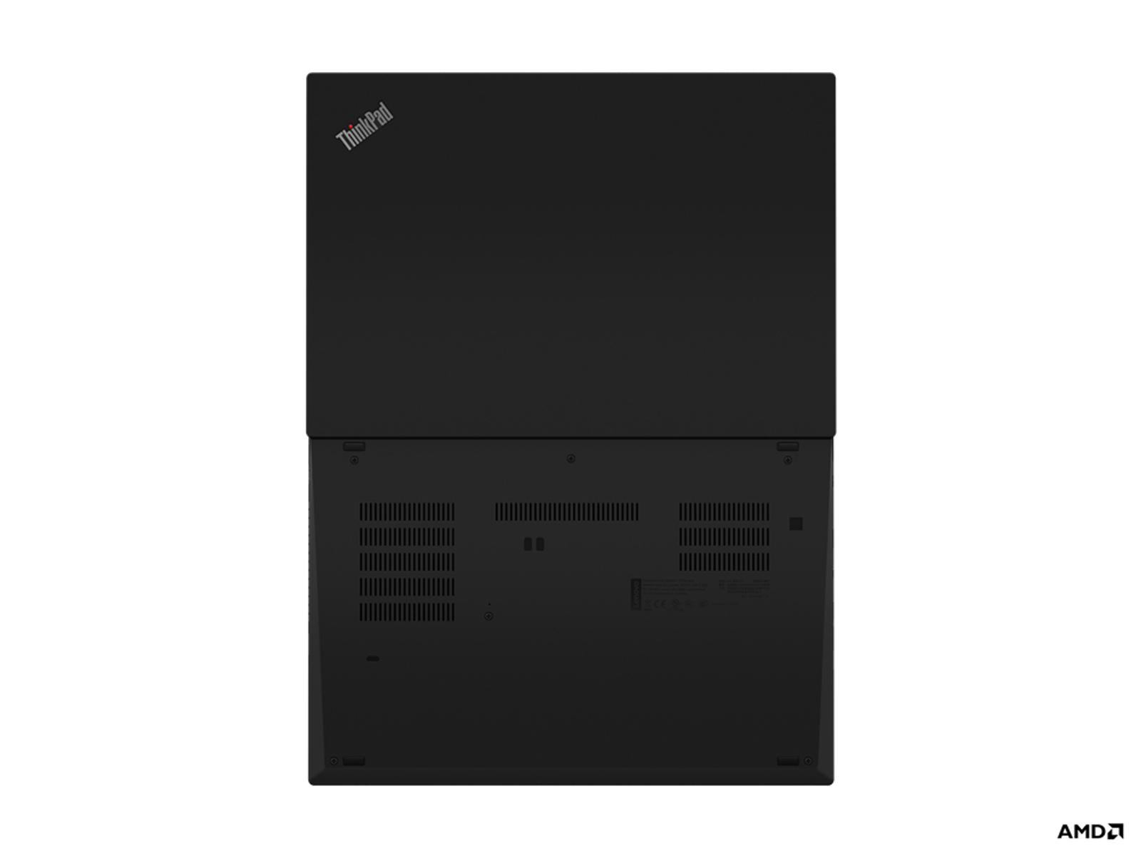 Draufsicht auf einen schwarzen Laptop. Das ThinkPad-Logo ist oben sichtbar, die Unterseite zeigt Lüftungsschlitze und Branding.