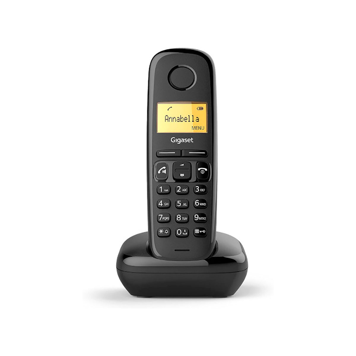 Teléfono inalámbrico negro y base. El teléfono tiene una pantalla que muestra "Annabella" y botones.