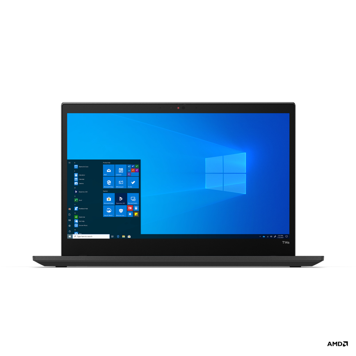 Schwarzer Laptop mit Windows-Oberfläche auf dem Bildschirm, offen. Tastatur und Touchpad sichtbar.