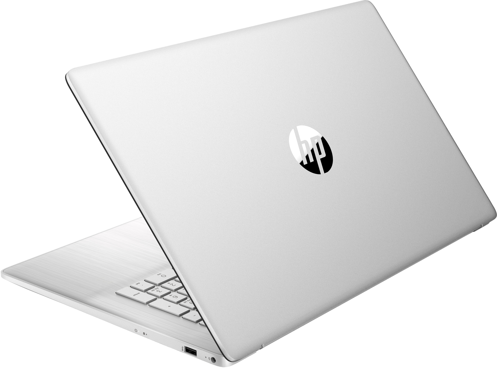 Srebrny laptop HP otwarty, widoczna klawiatura. Logo HP na środku pokrywy.
