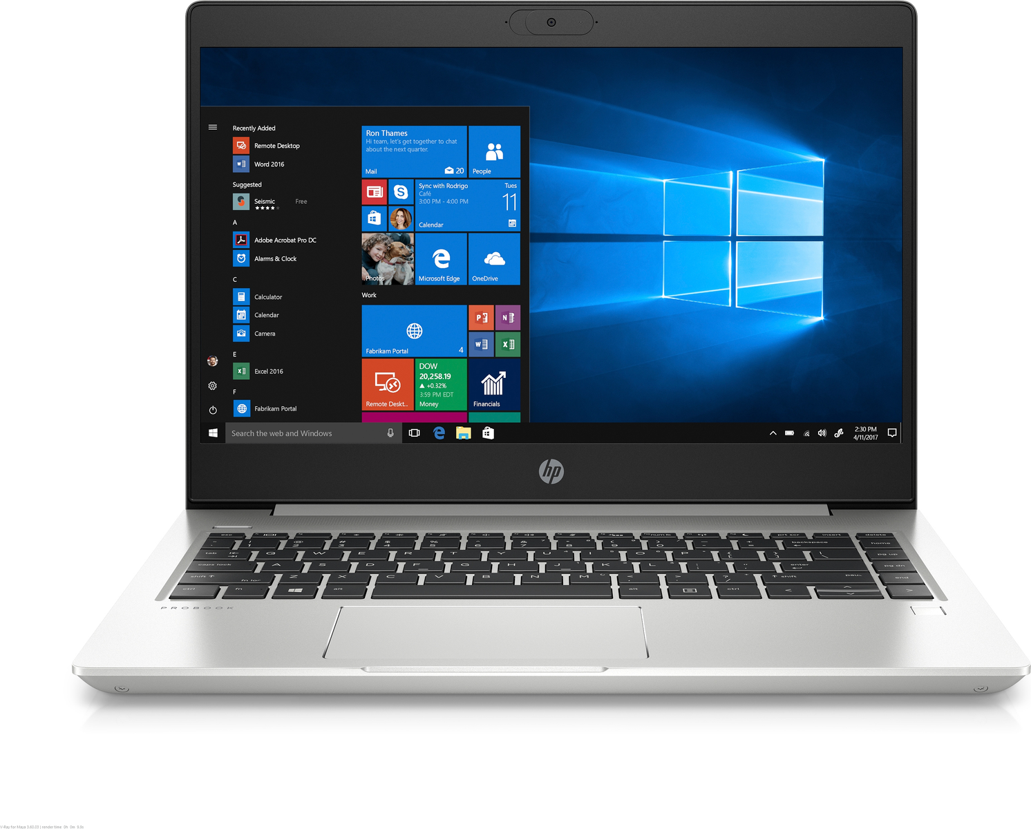 Silberner HP-Laptop zeigt Windows-Startbildschirm mit App-Symbolen und blauem Hintergrund.