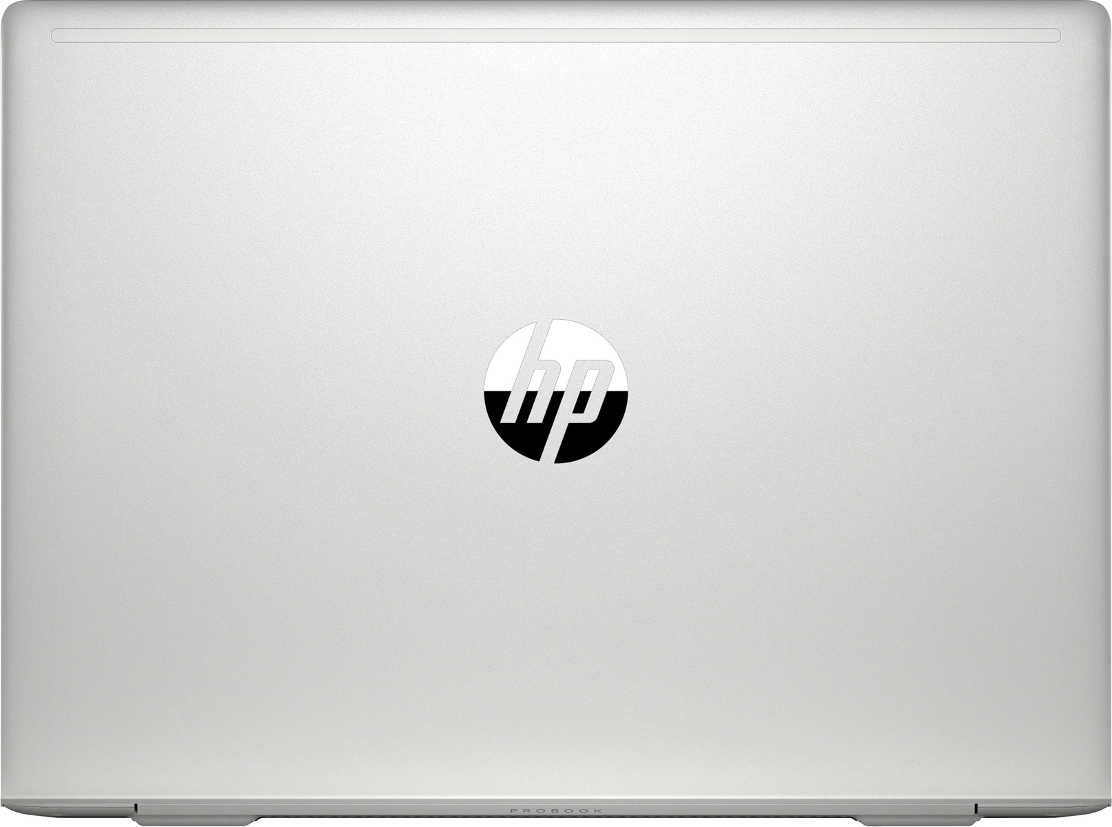 Silberner Laptopdeckel mit zentriertem HP-Logo. Der Deckel hat ein glattes, metallisches Finish.