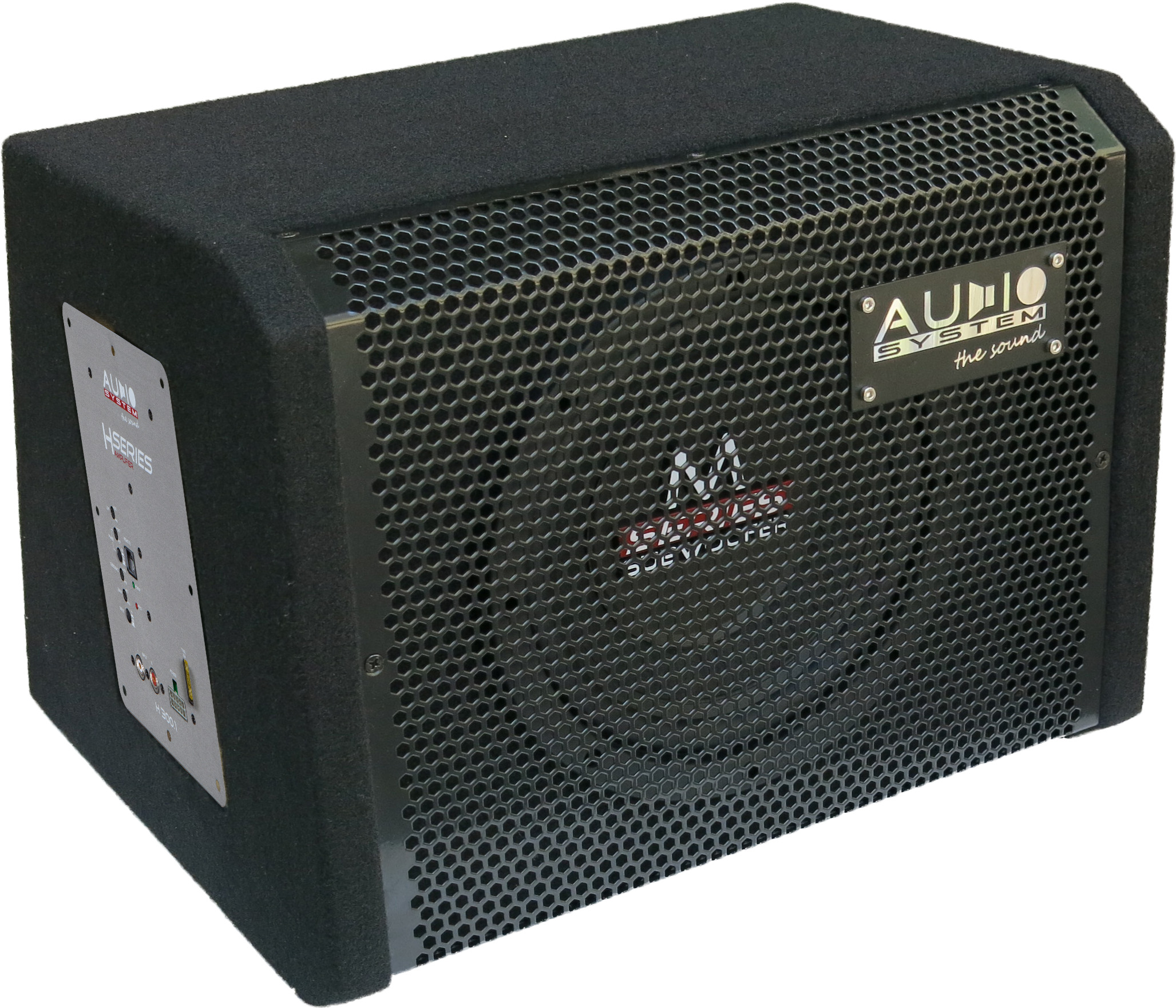 Ein schwarzer Subwoofer mit Gitterfront, dem Audio System-Logo und dem H-Series-Text.